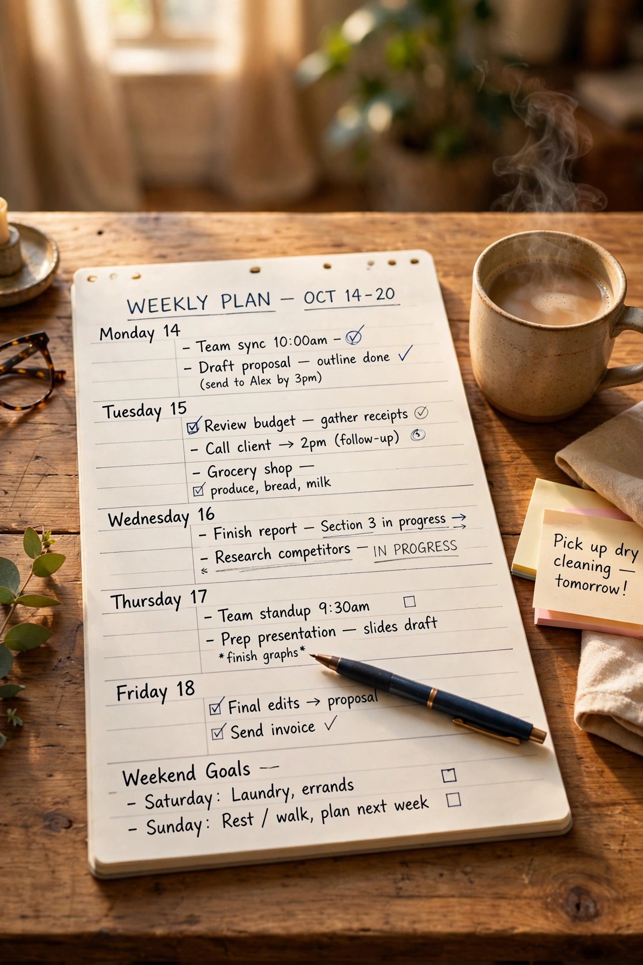 large weekly planner pad open on desk with handwritten tasks