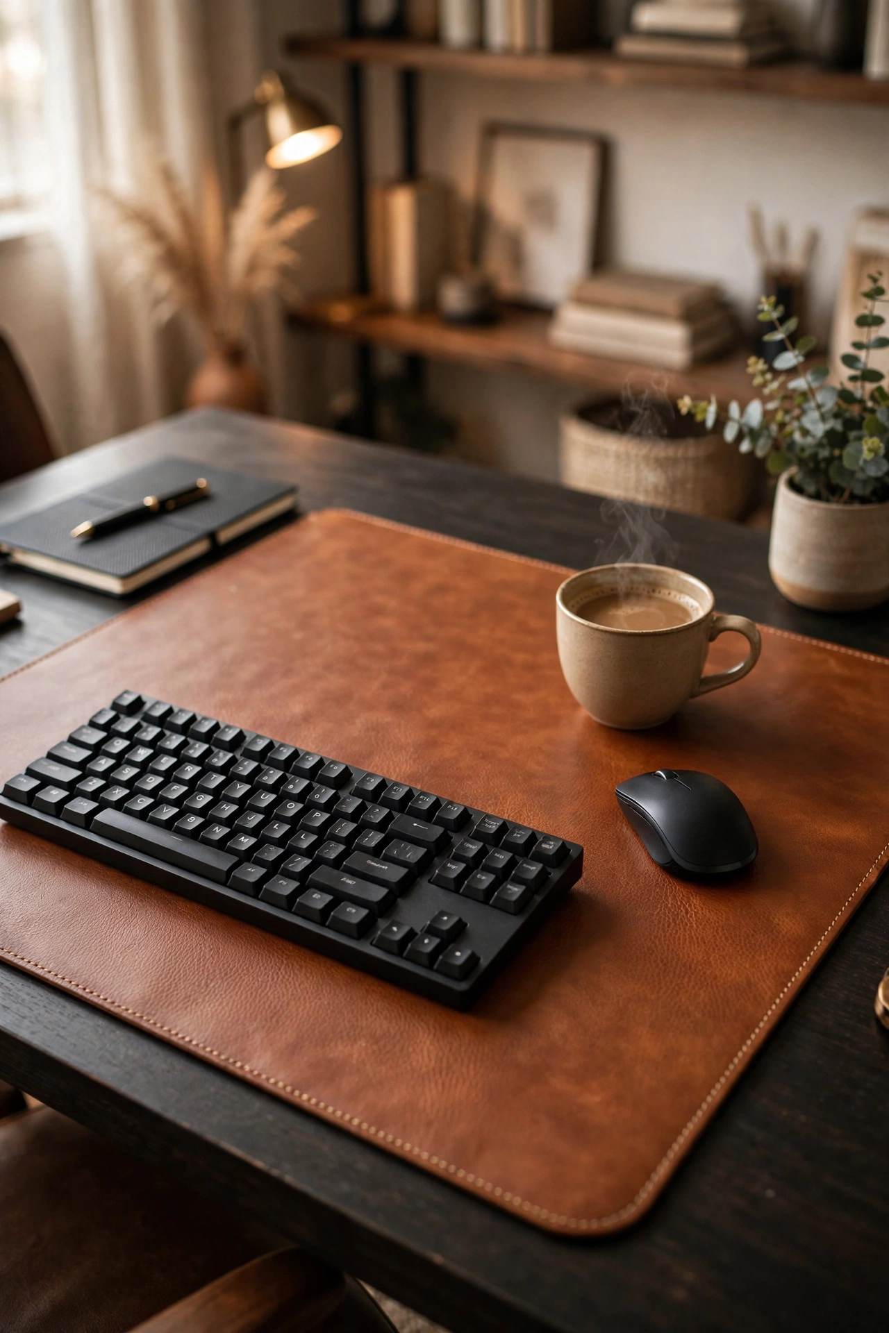 oversized cognac faux leather desk pad with keyboard and mouse