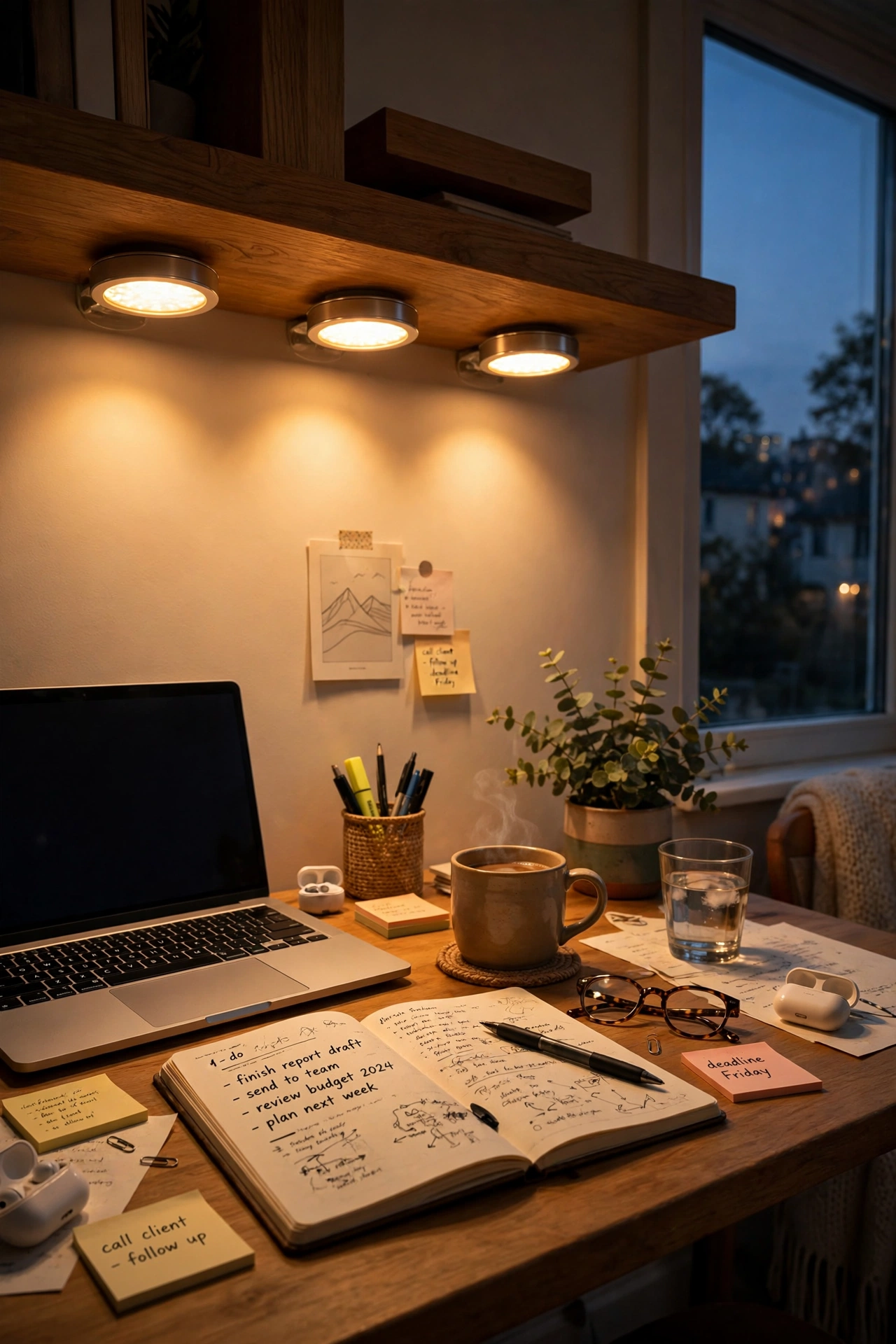 stick on LED puck lights glowing under shelf above desk