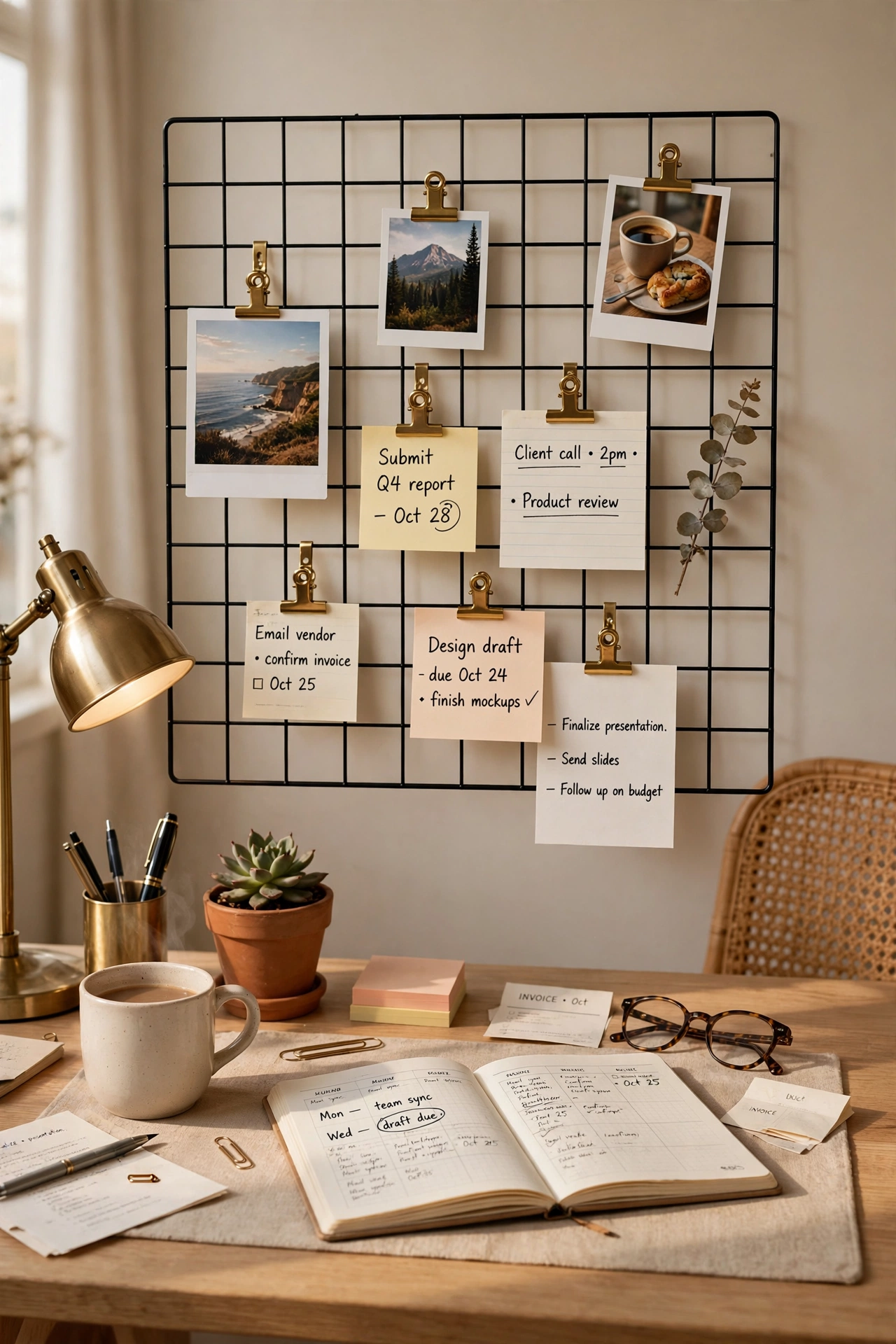 black wire wall grid with clipped photos and notes above desk