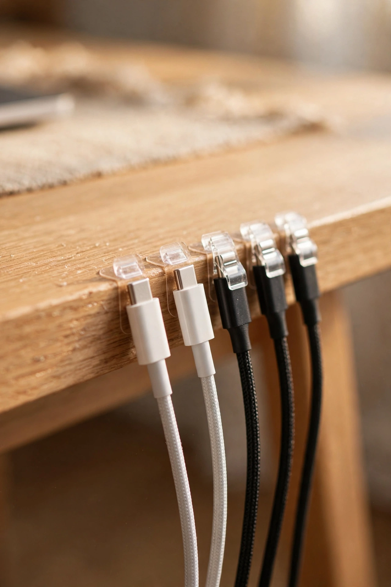adhesive cable clips routing chargers along desk back edge