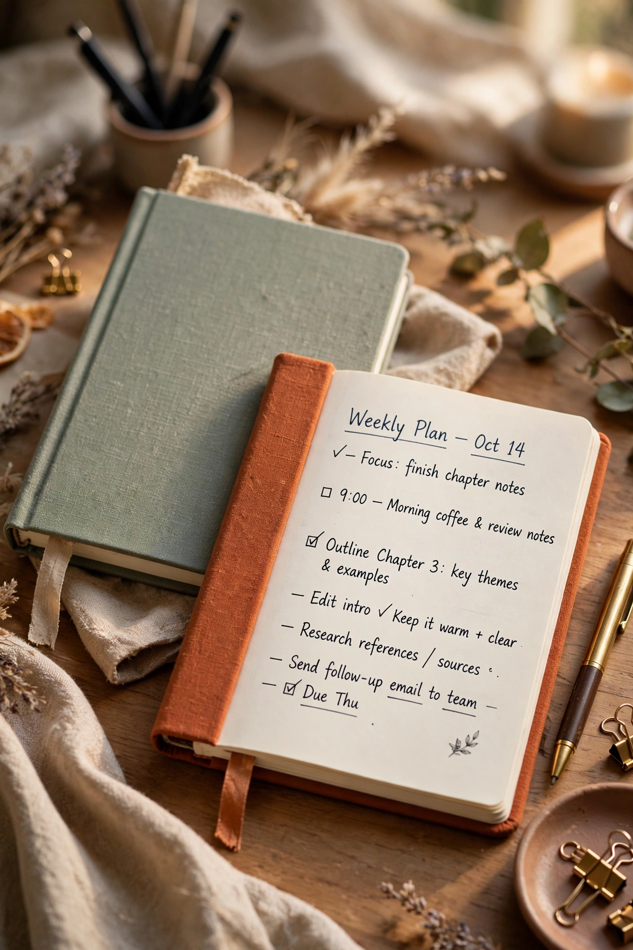 cloth bound hardcover notebooks in muted colours on desk