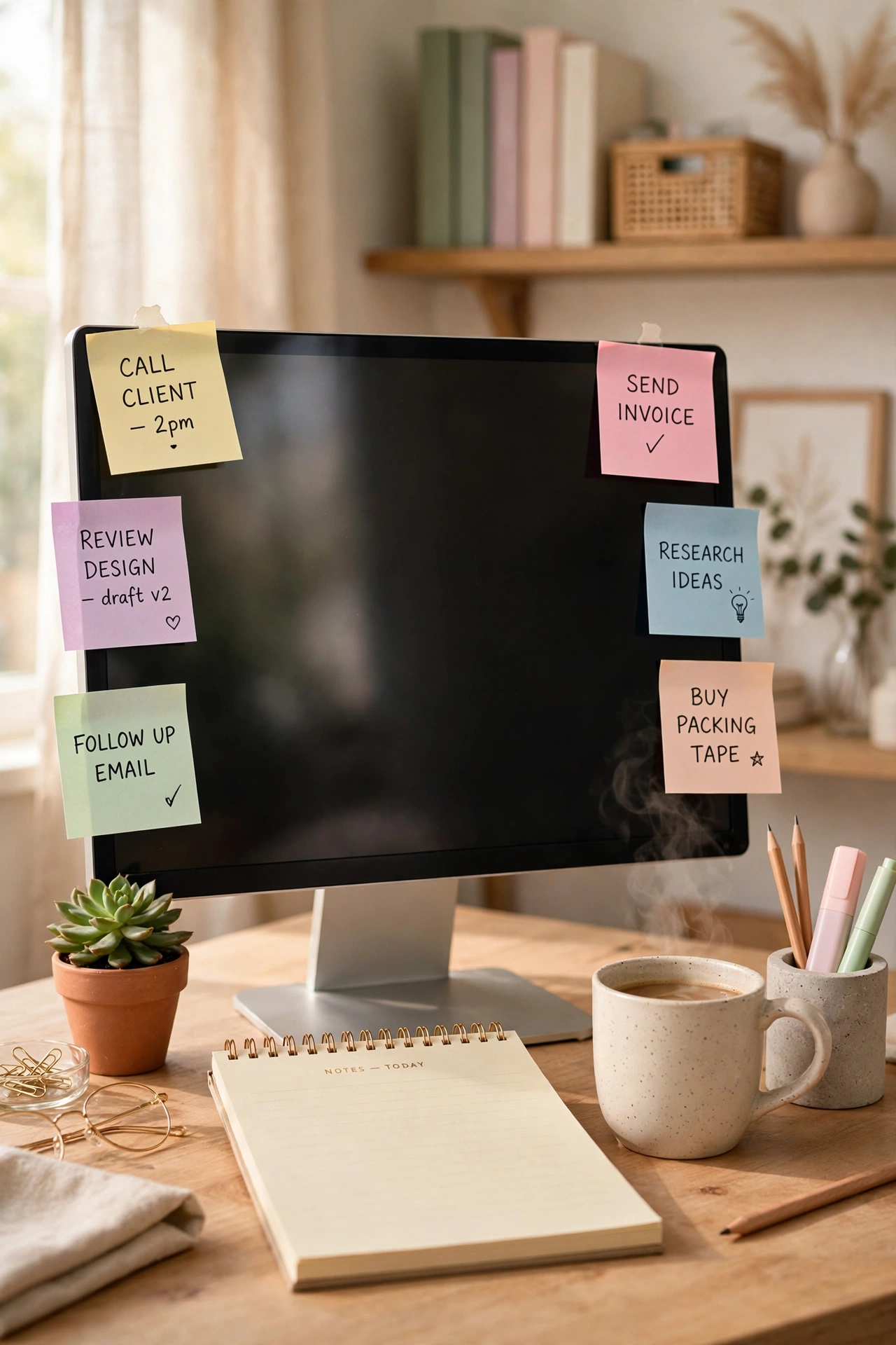 pastel sticky note pad with colour coded notes on monitor bezel