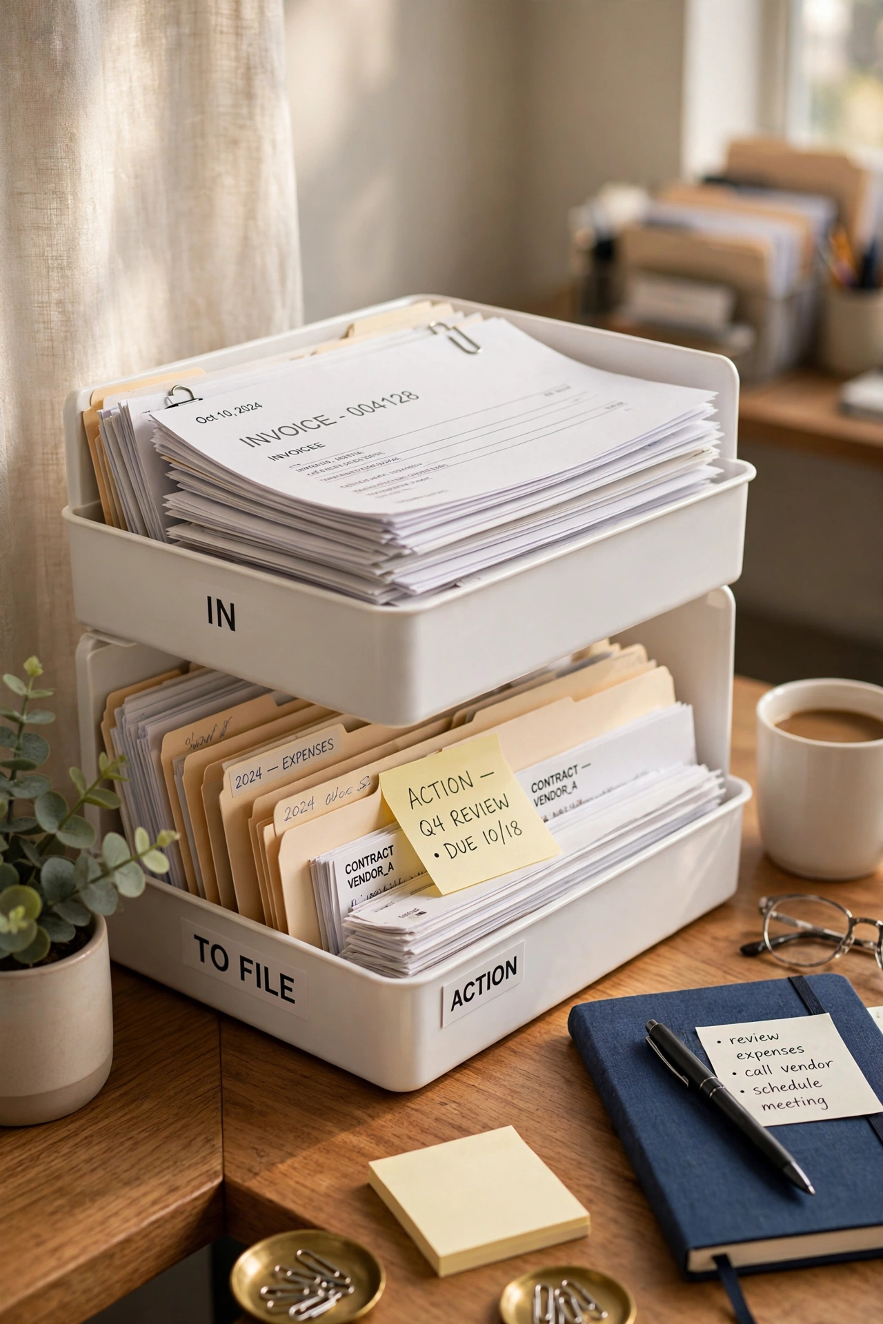 stacked labelled letter trays with sorted paperwork