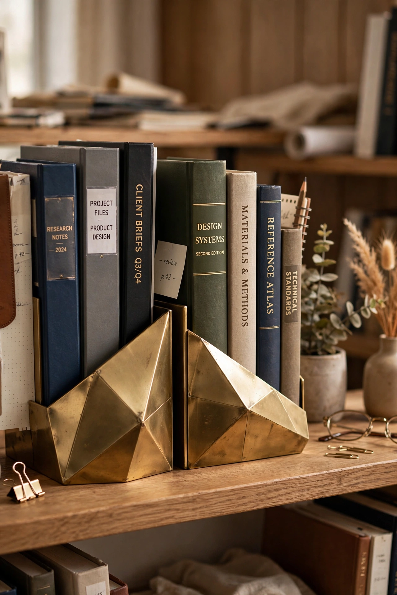 geometric brass look bookends holding reference books upright