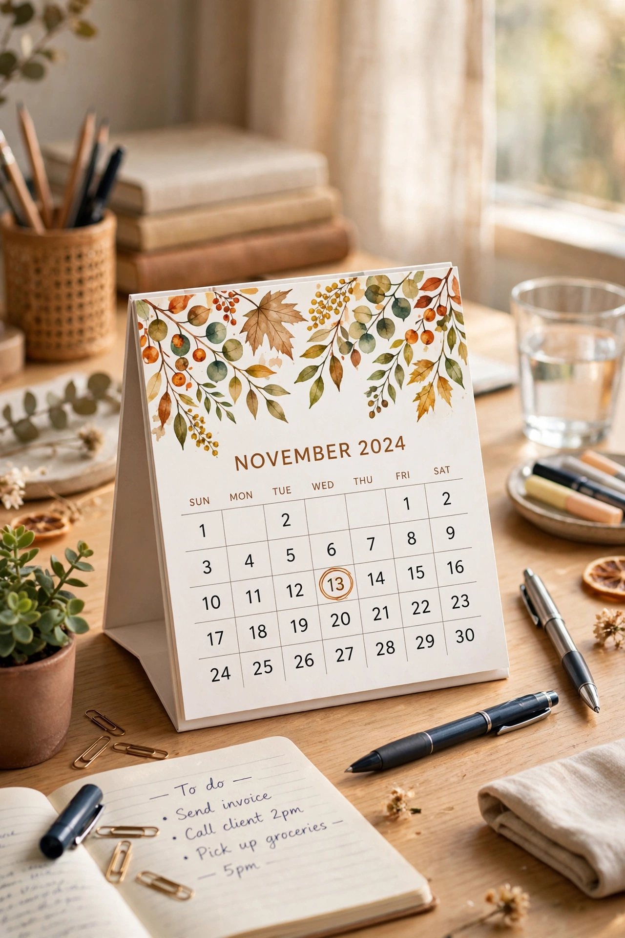 tent style desk calendar open on home office desk