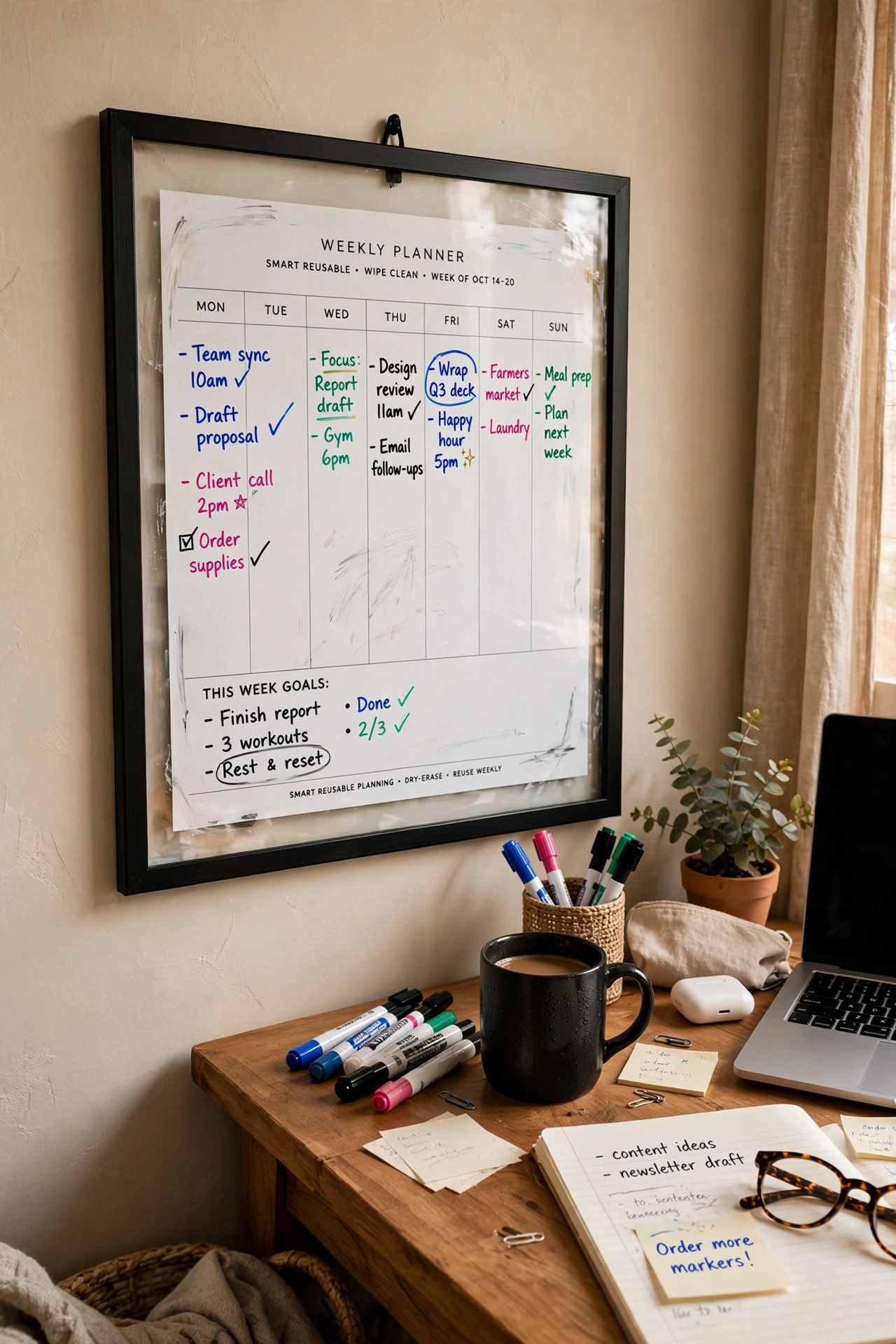 framed weekly template used as dry erase board beside desk