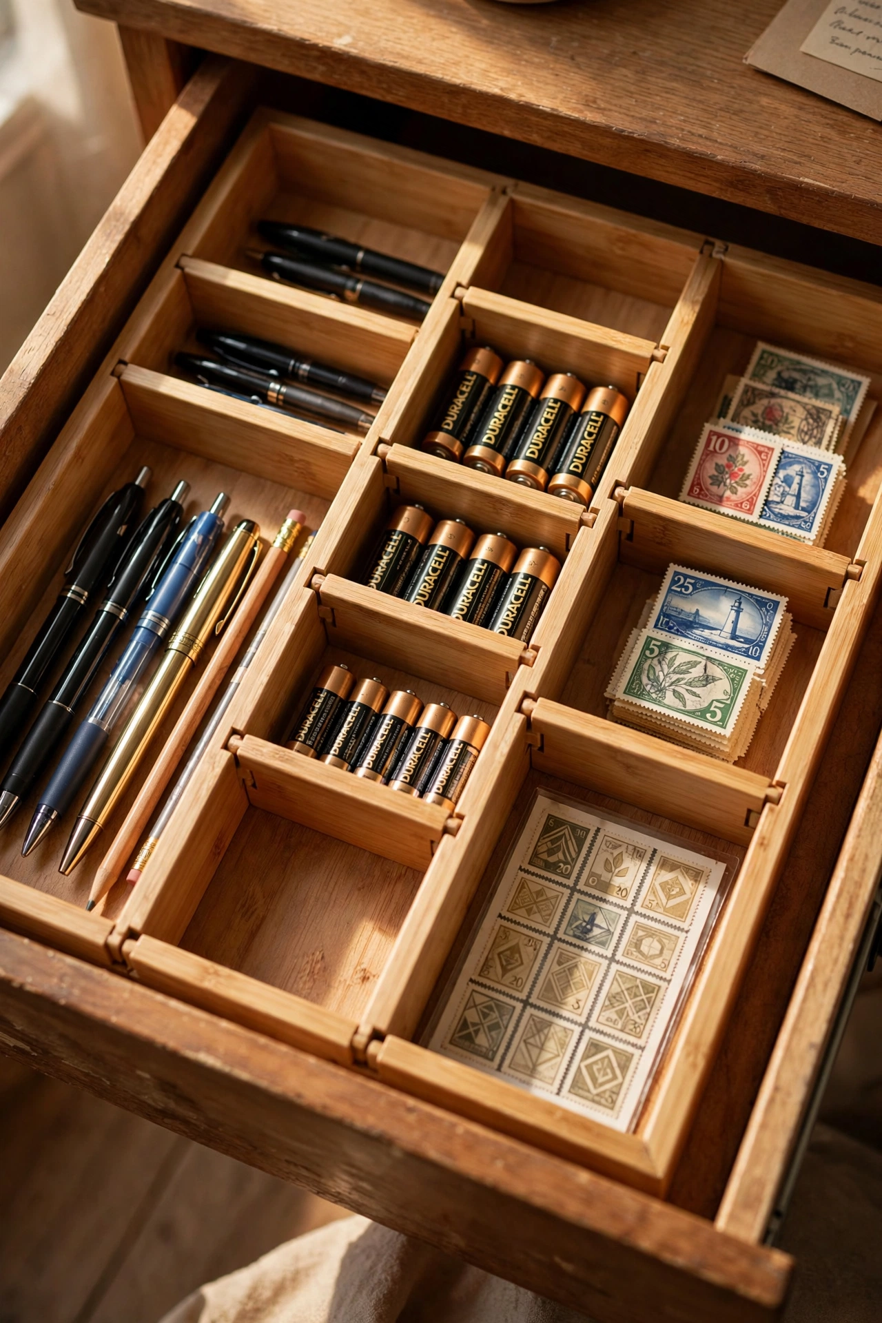 desk drawer fitted with bamboo look adjustable dividers