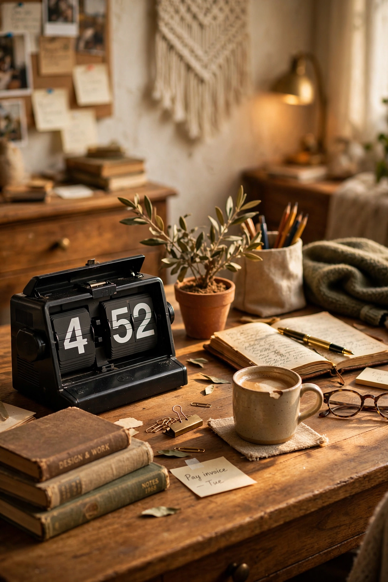retro flip clock on side of home office desk