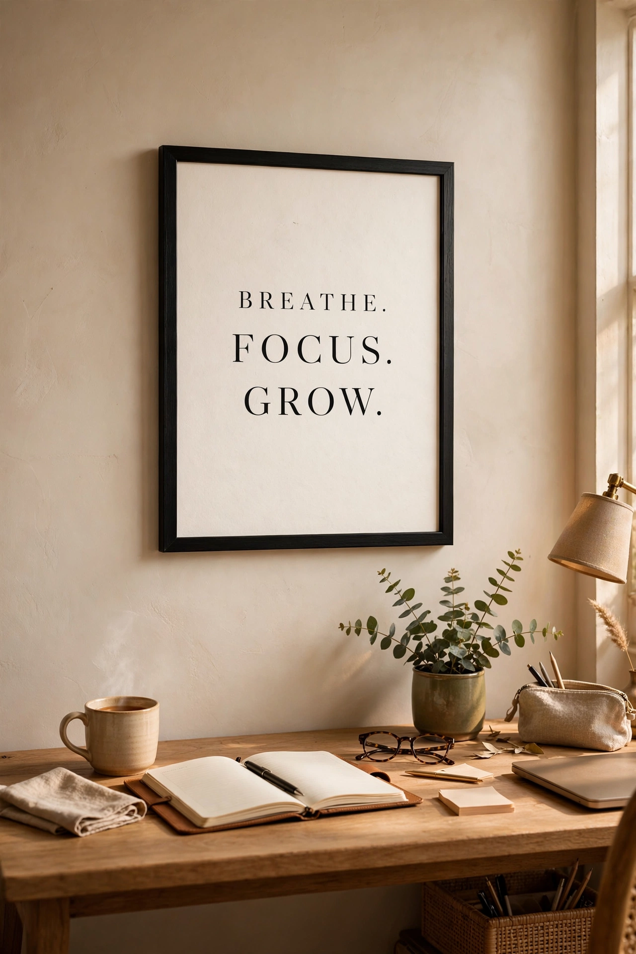 framed typographic motivational print above home office desk