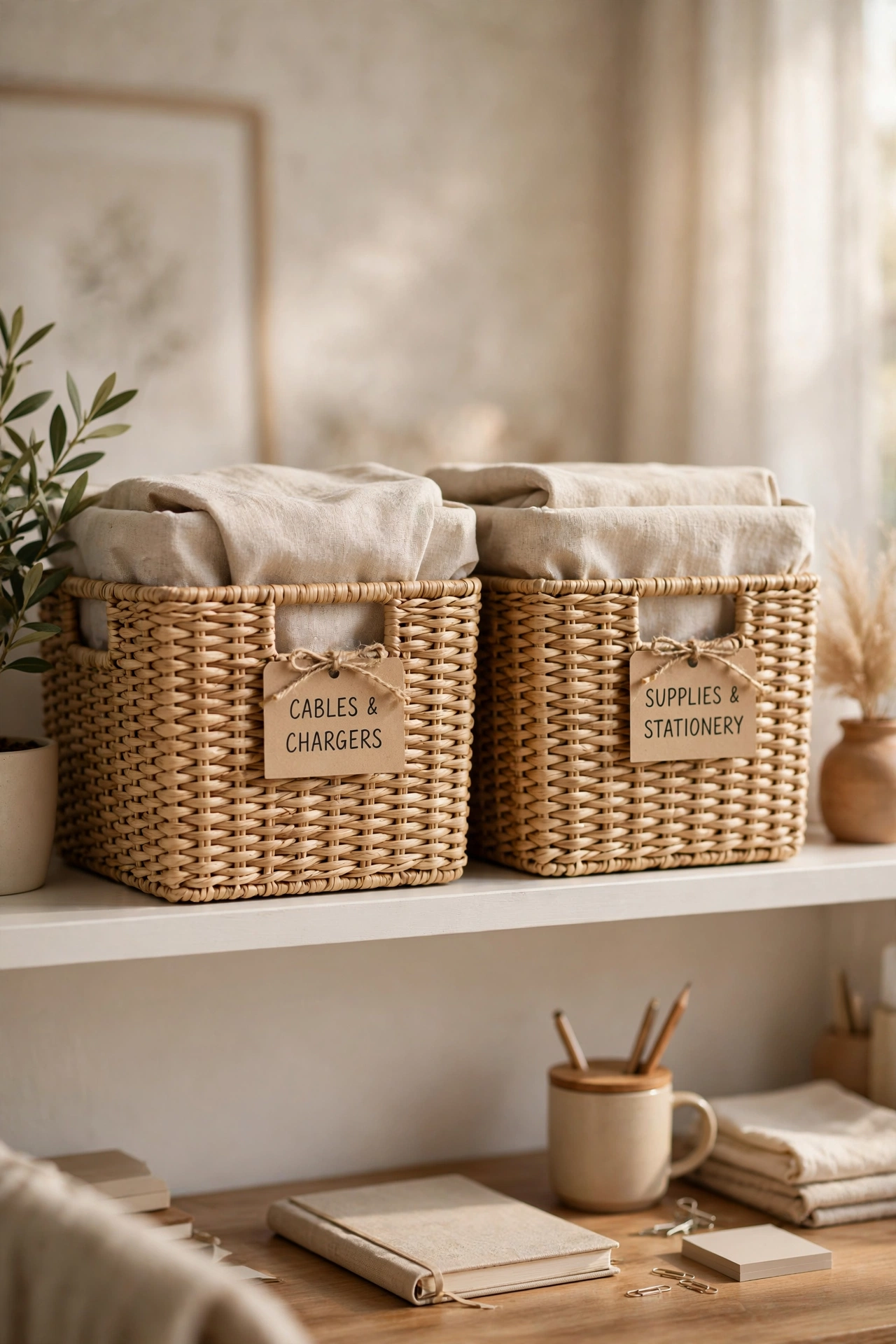 two matching woven bins on office shelf hiding supplies