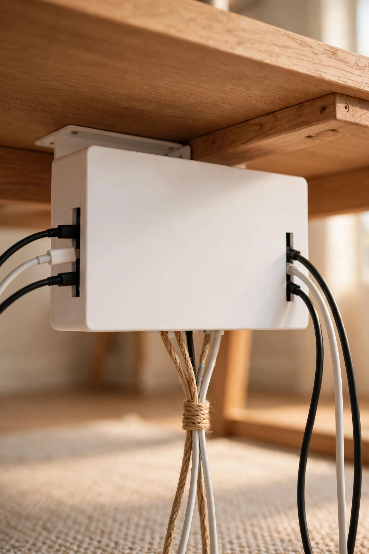 cable management box hiding power strip under desk