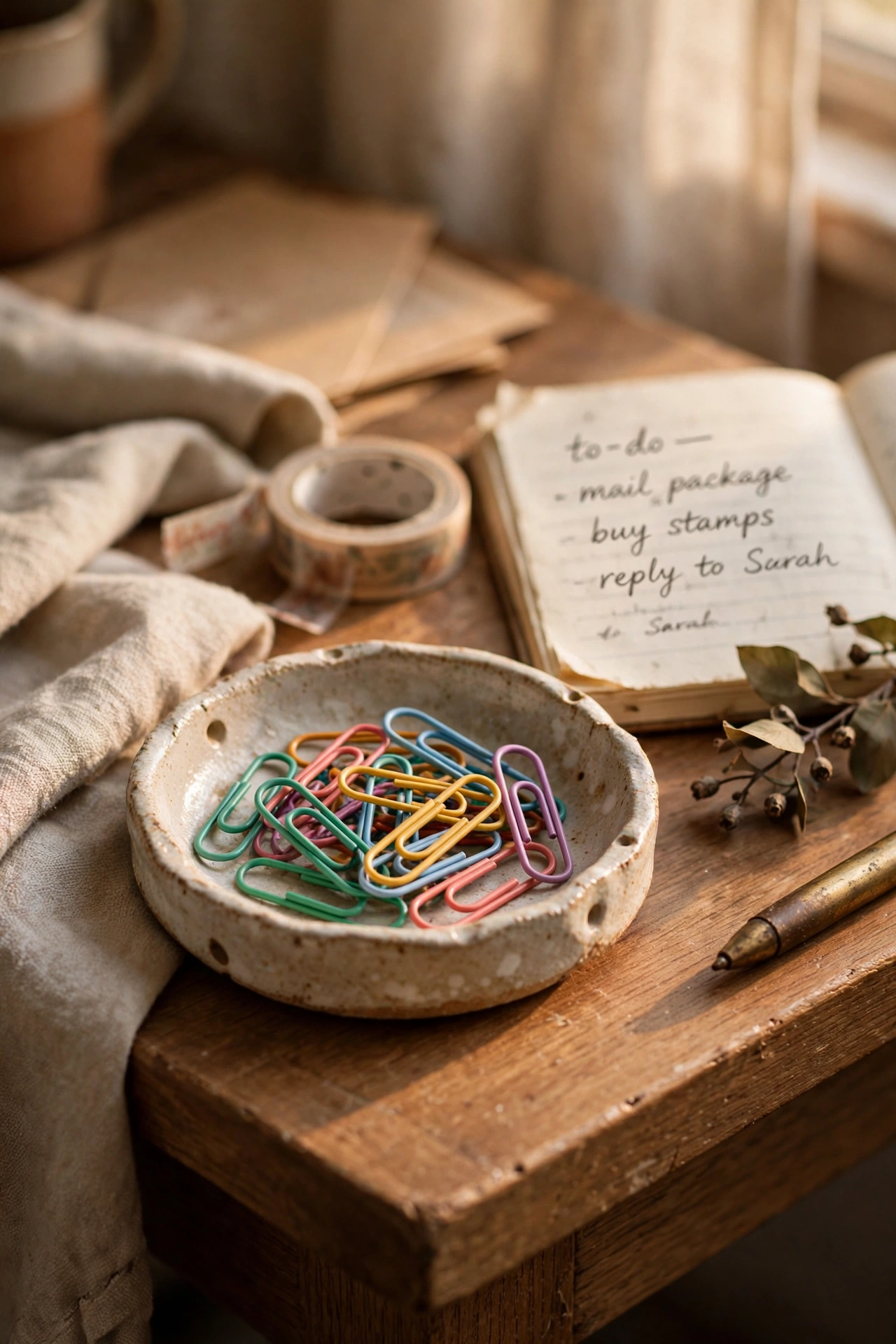 small ceramic dish holding paper clips on desk