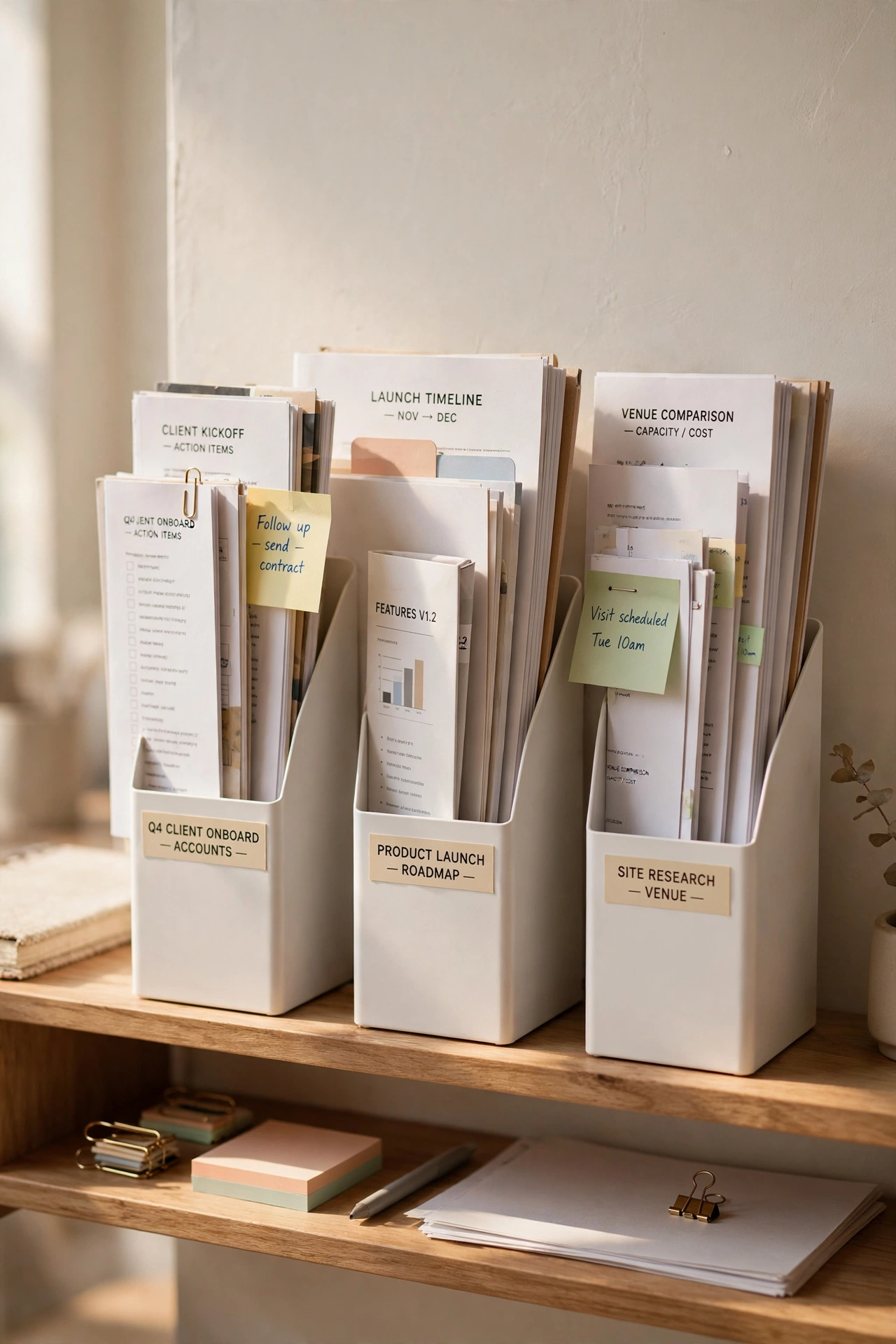 slim labelled magazine holders with project files on shelf