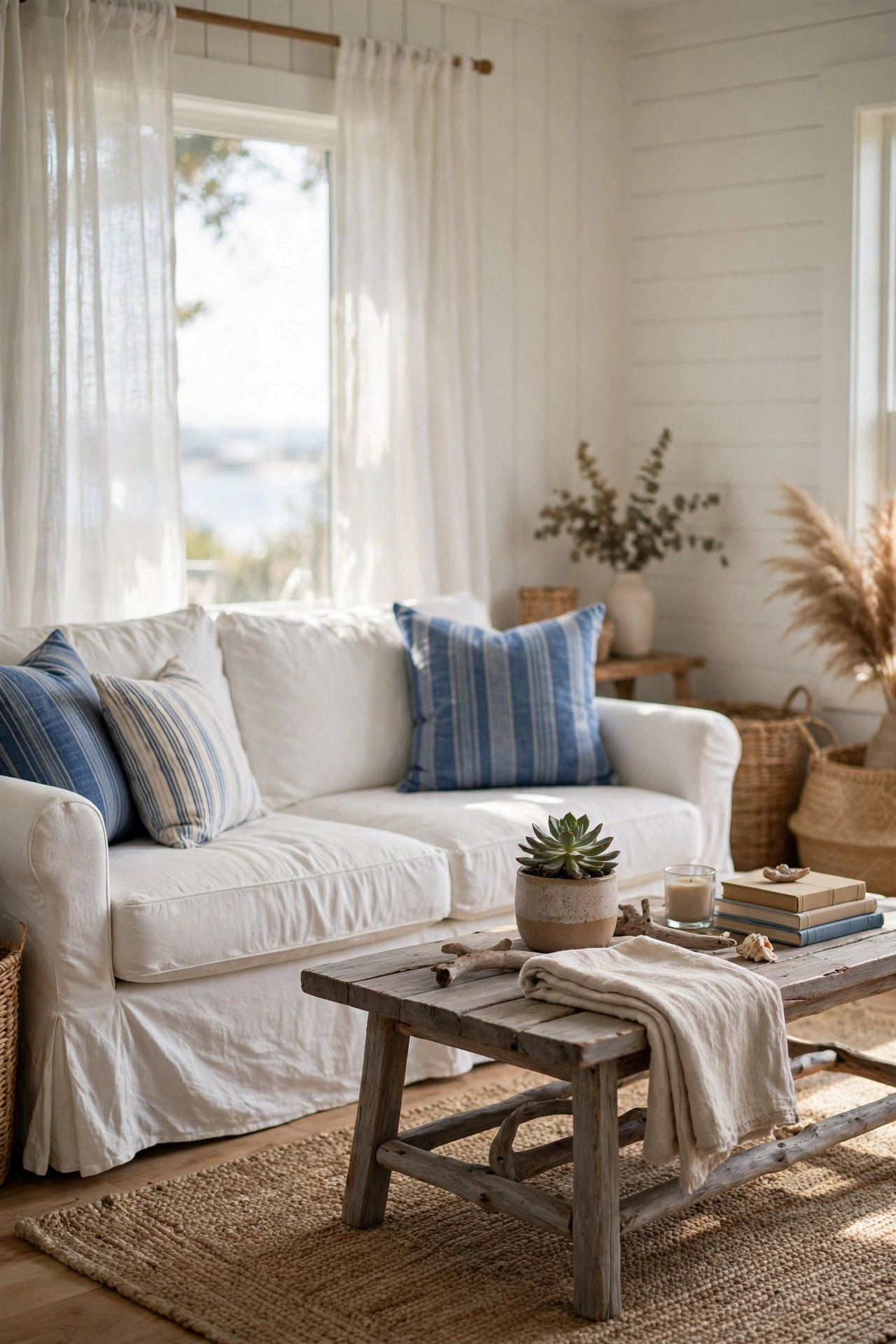 Budget coastal living room idea: wooden coffee table stained driftwood gray in a bright beach-style living room