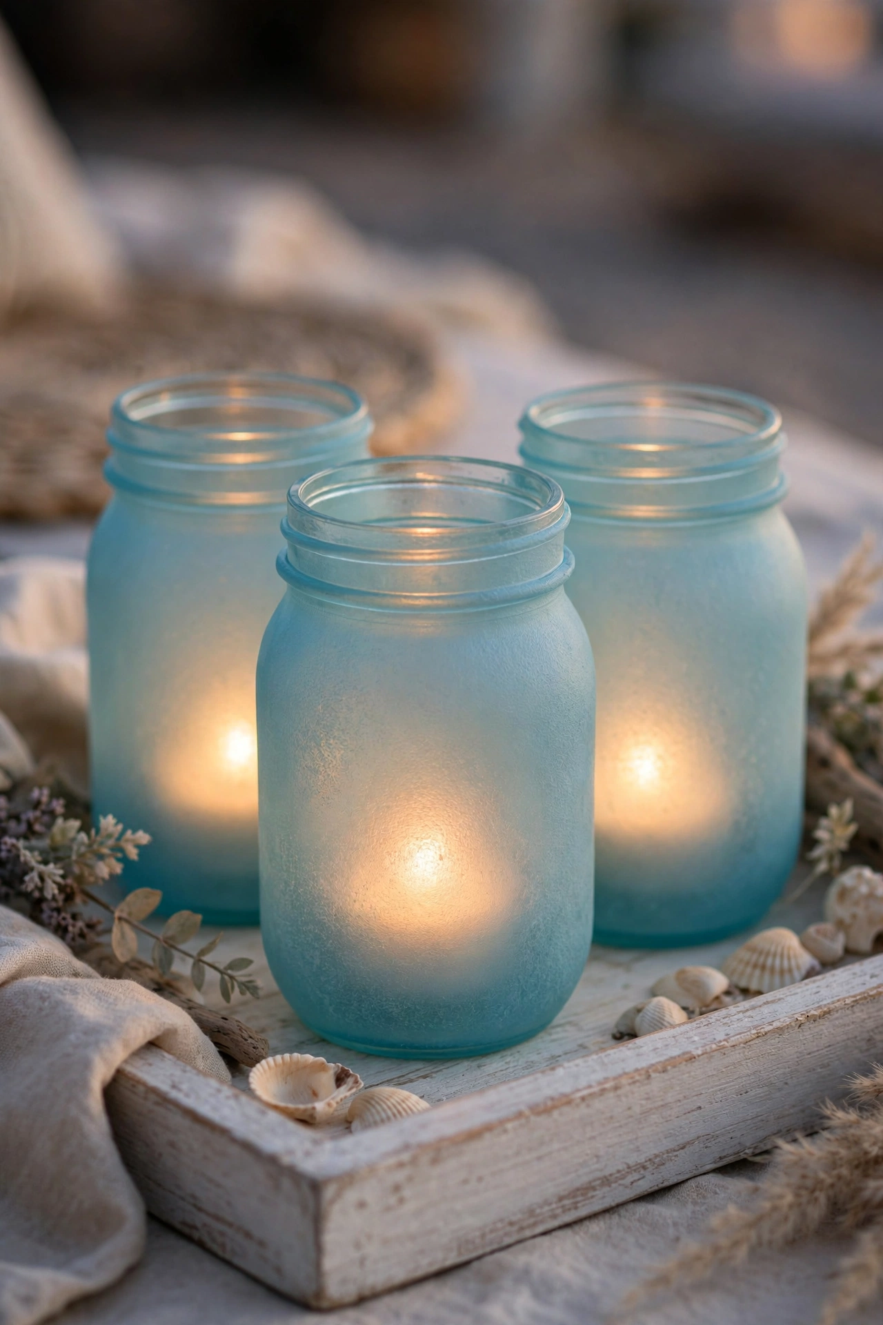 DIY sea glass painted mason jars in aqua blue on a coastal coffee table tray