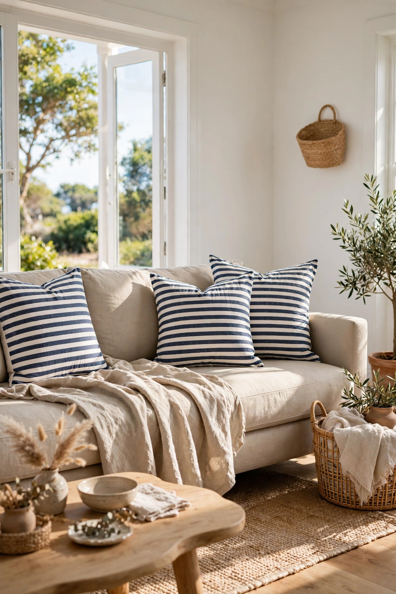 Handmade navy and white striped pillow covers on a sofa in a budget coastal living room