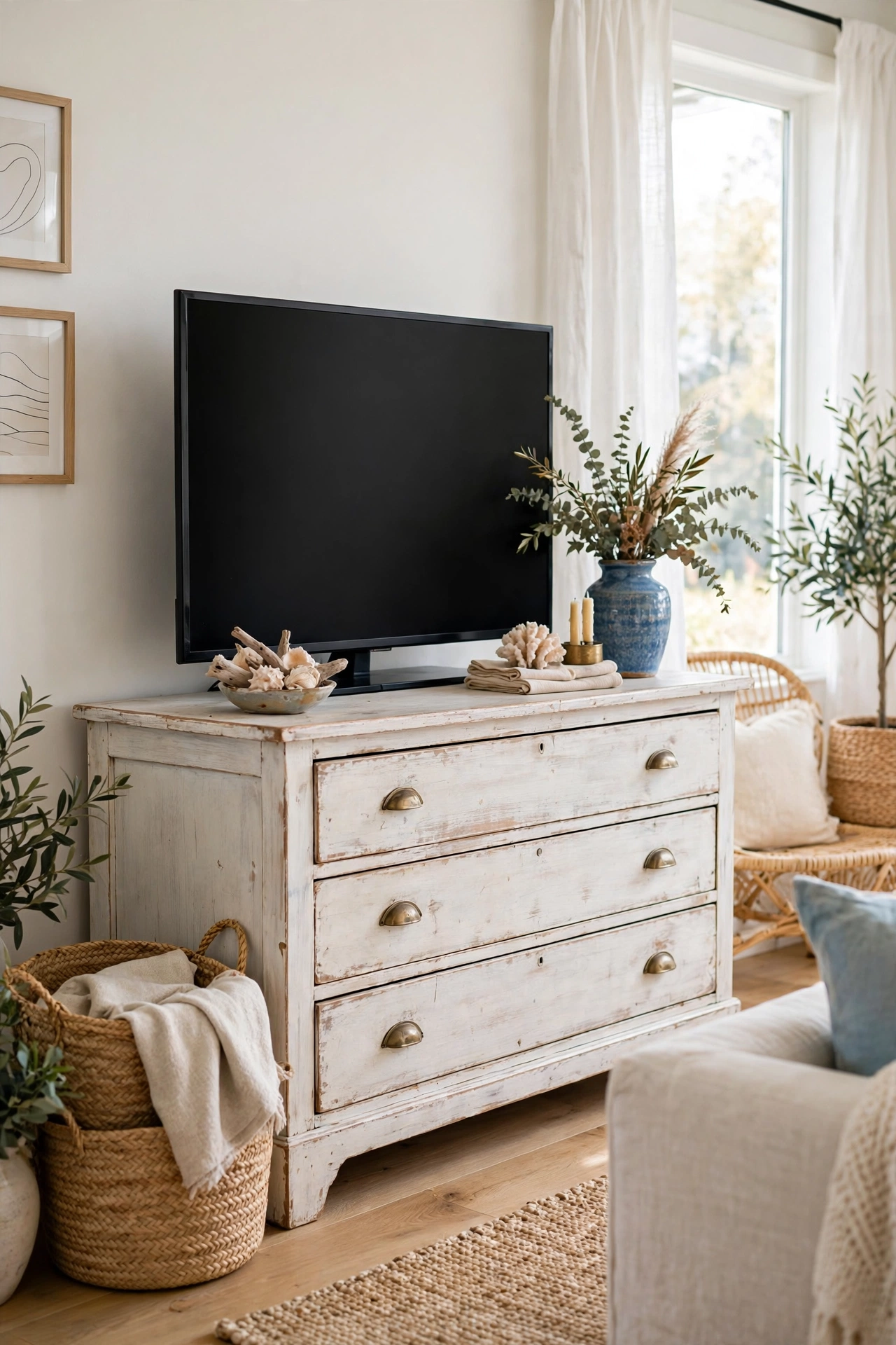 Whitewashed wooden dresser used as a TV console in a coastal living room