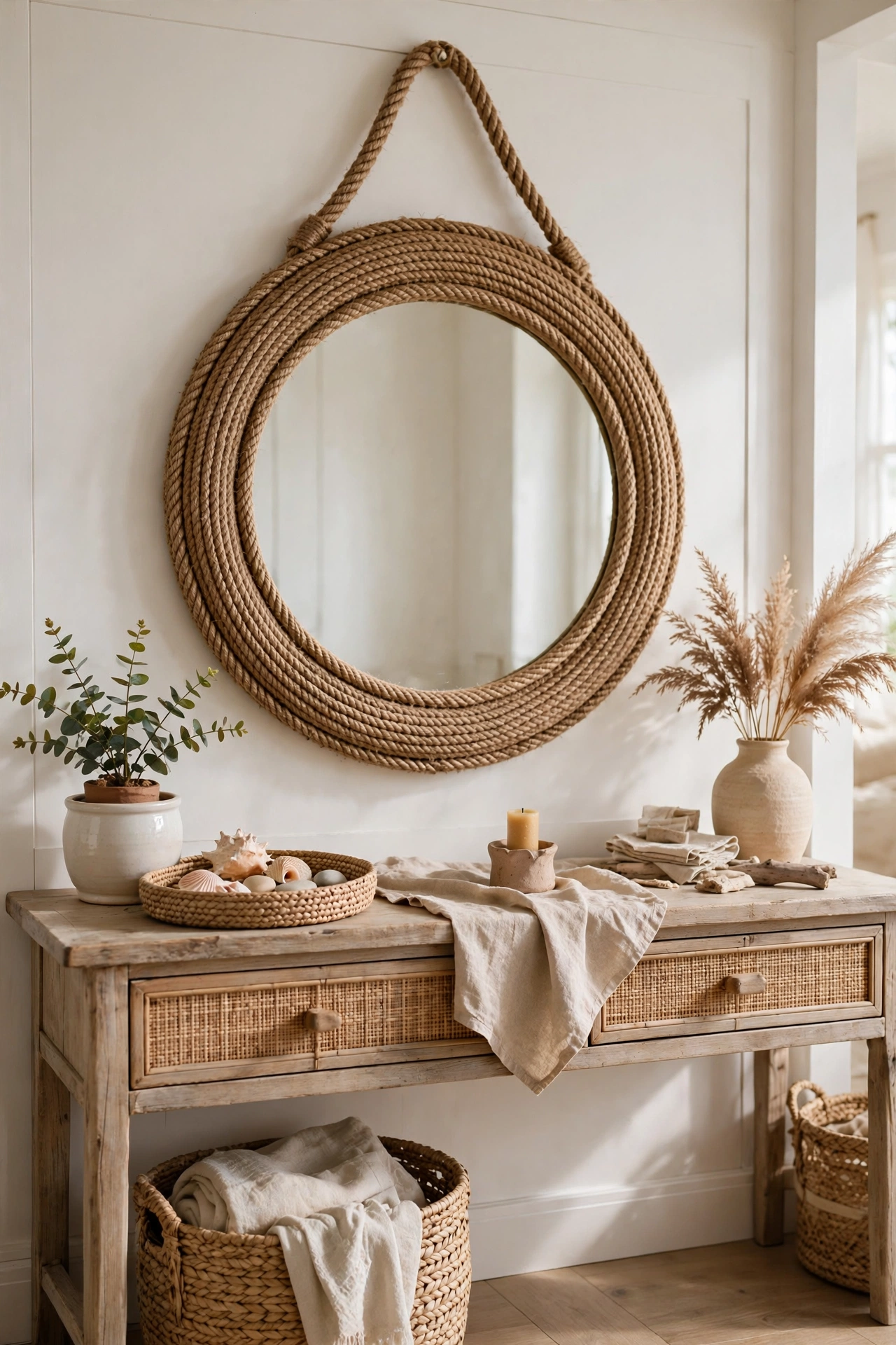 Round mirror wrapped in natural sisal rope as nautical coastal wall decor