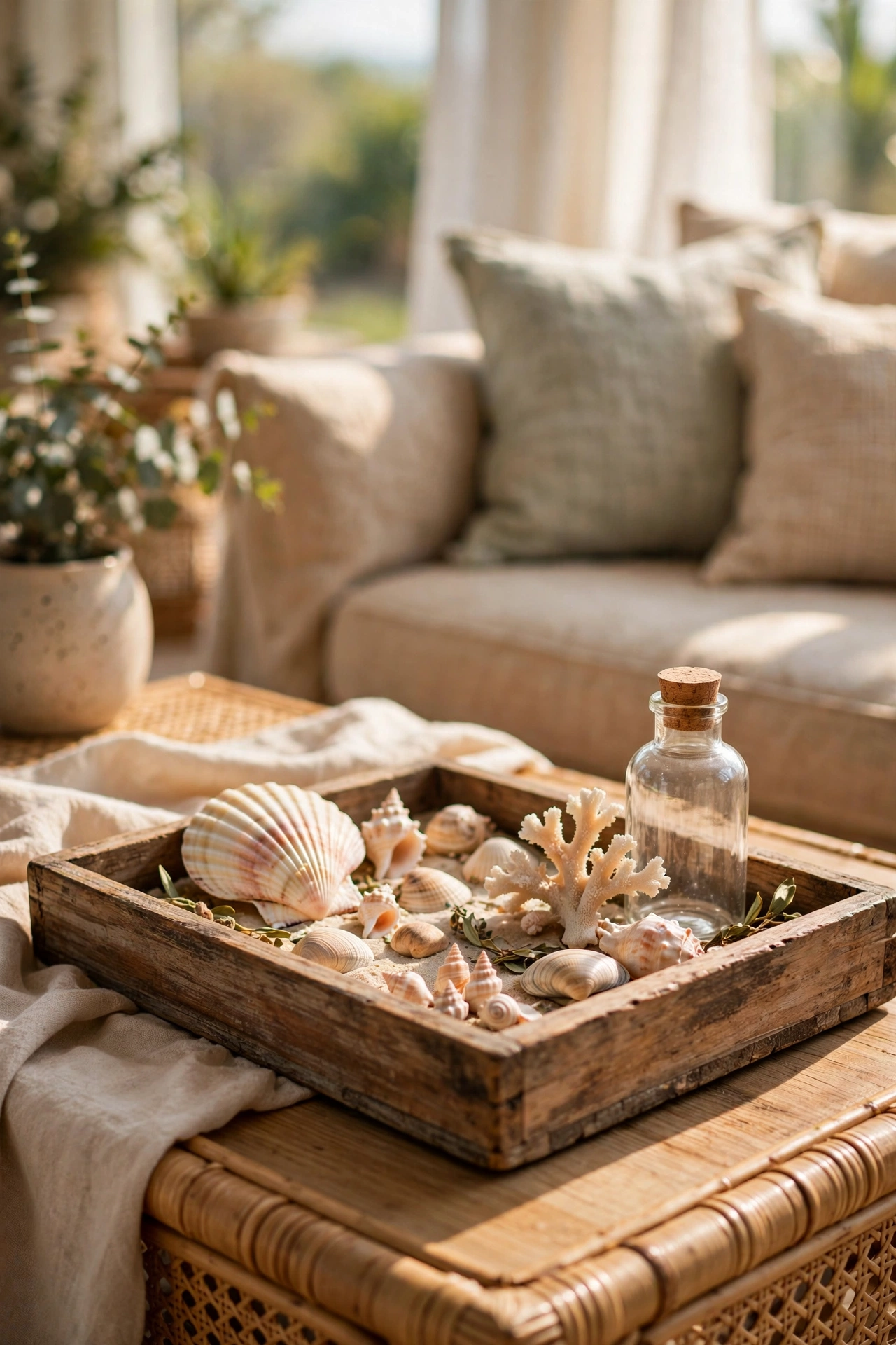 Real seashell collection styled on a wooden tray for coastal living room decor