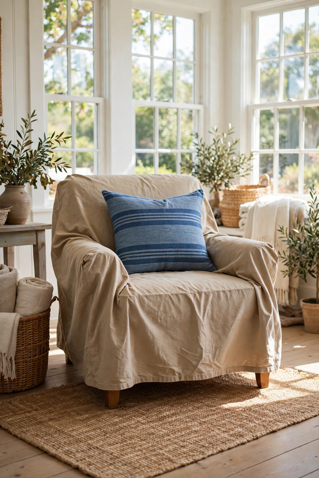 Armchair slipcovered with a canvas drop cloth in a budget coastal living room