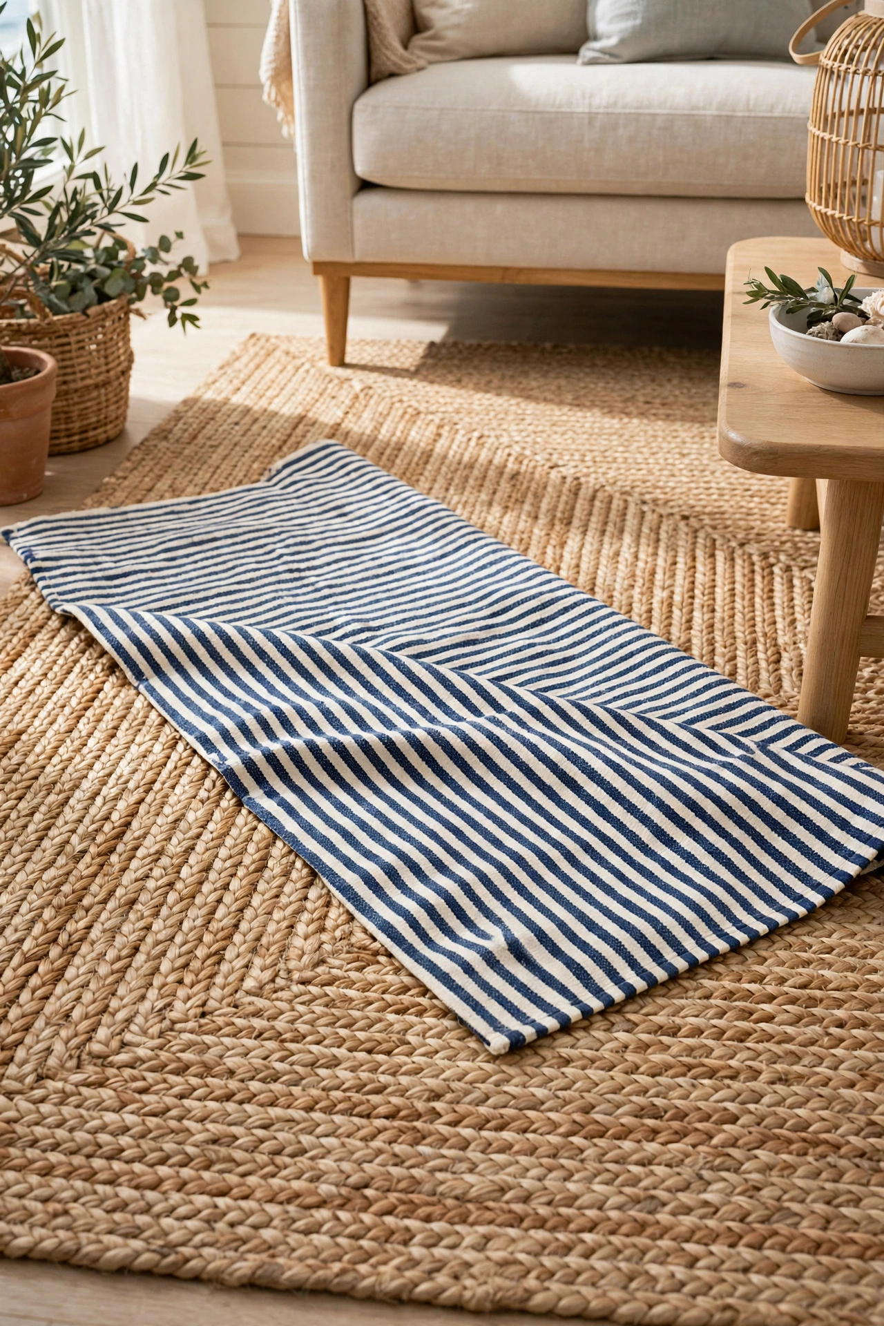 Layered navy striped rug over a natural jute rug in a coastal living room
