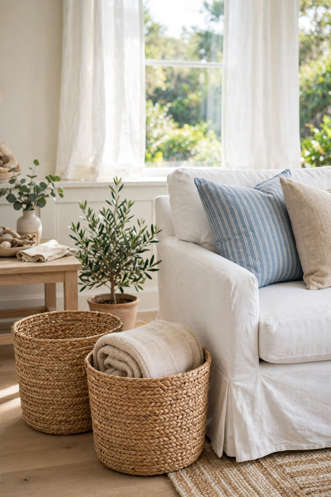 Seagrass storage baskets beside a sofa in a budget coastal living room