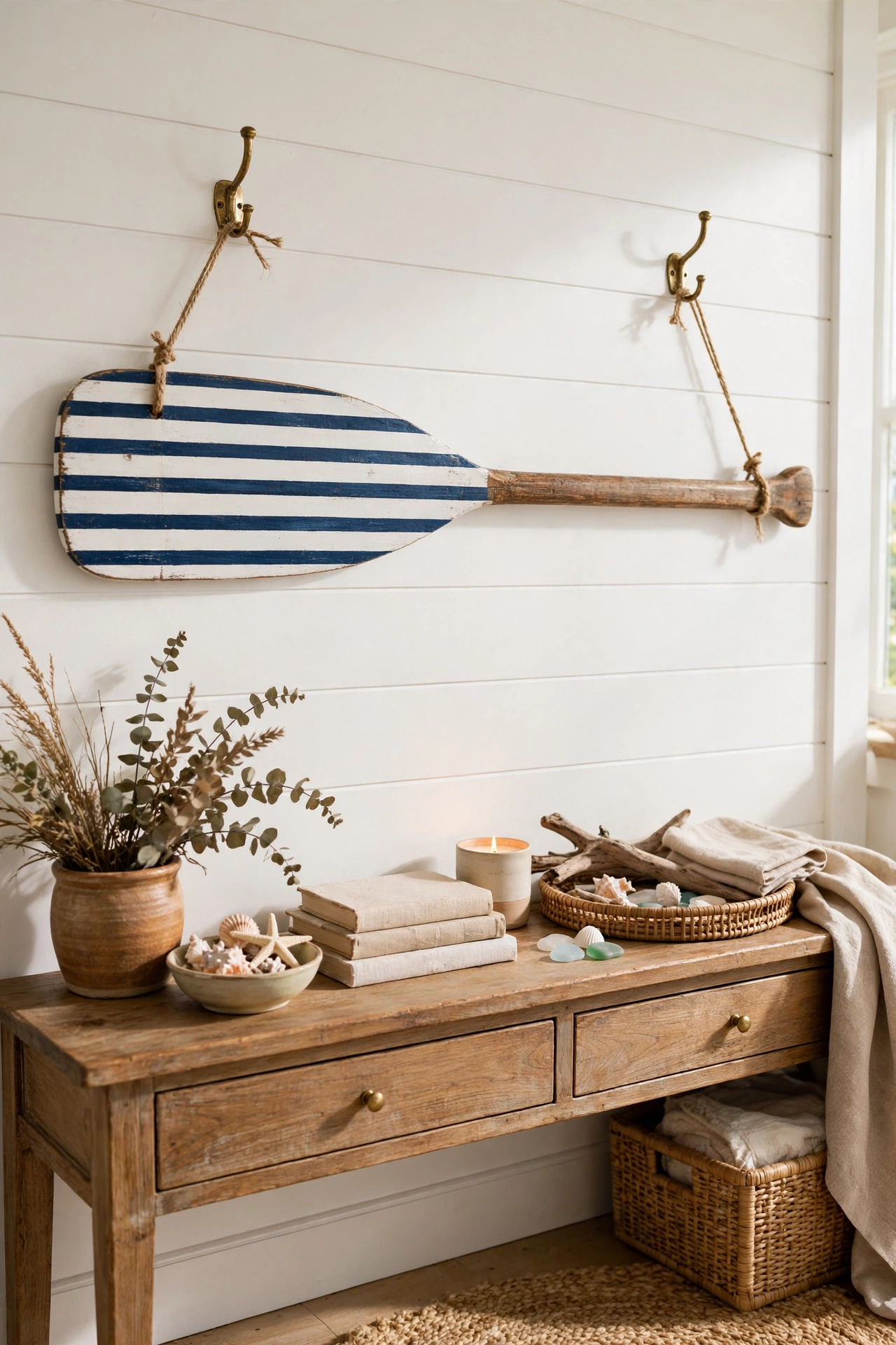 Hand-painted wooden oar with navy stripes hung as coastal wall decor