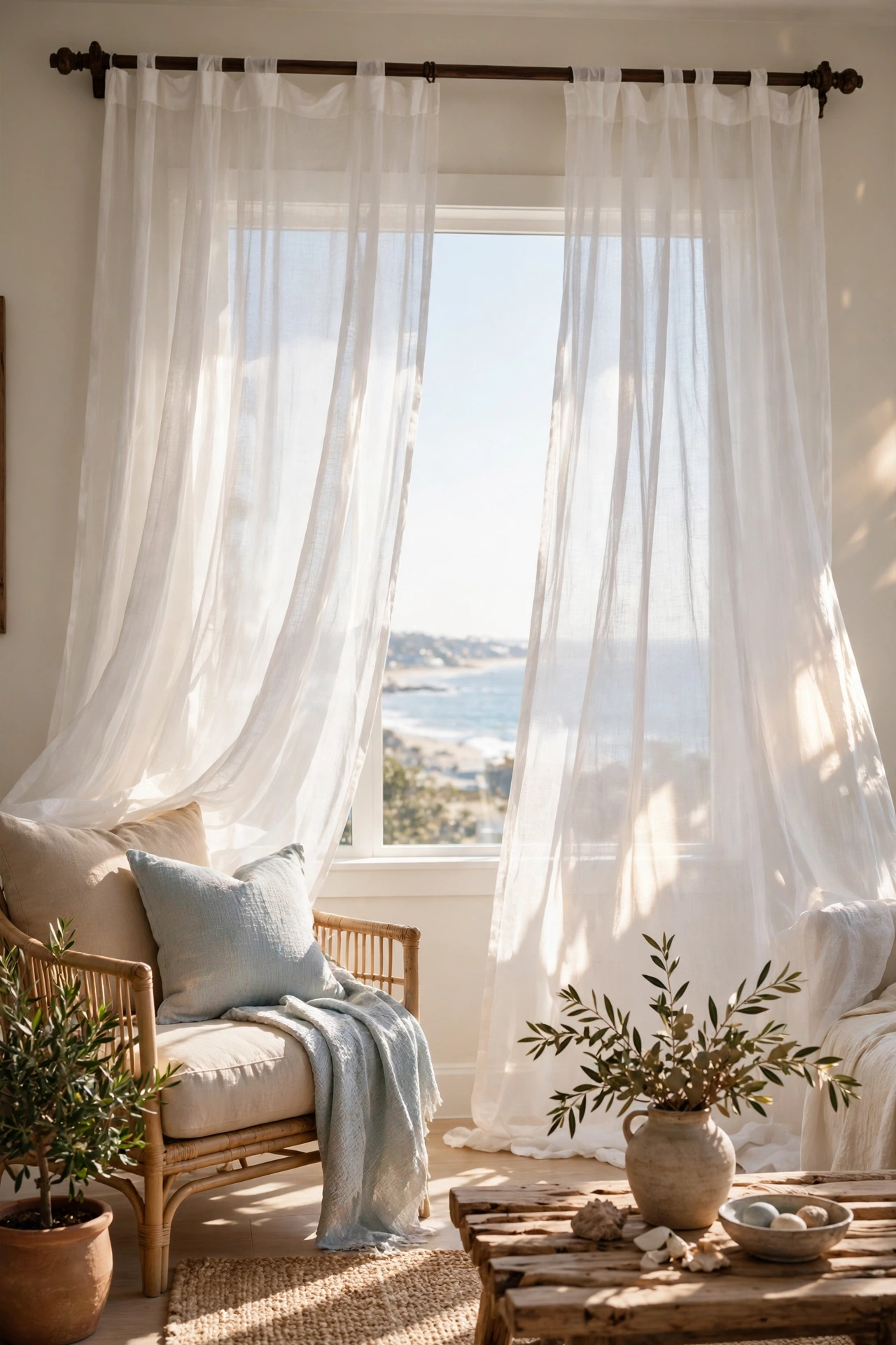 Sheer white curtains letting light into a budget coastal living room