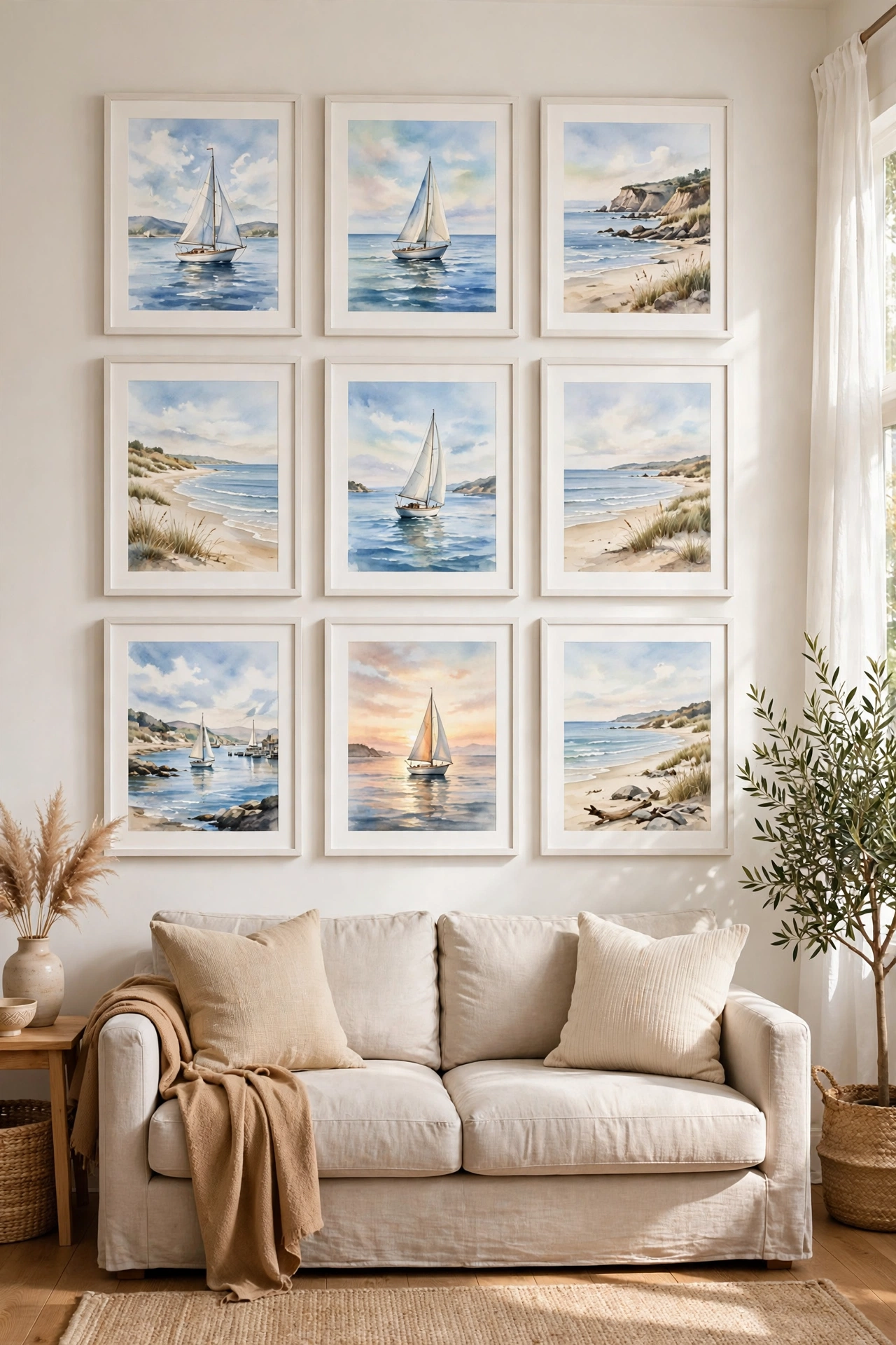 Coastal gallery wall of free printable art in white frames above a sofa