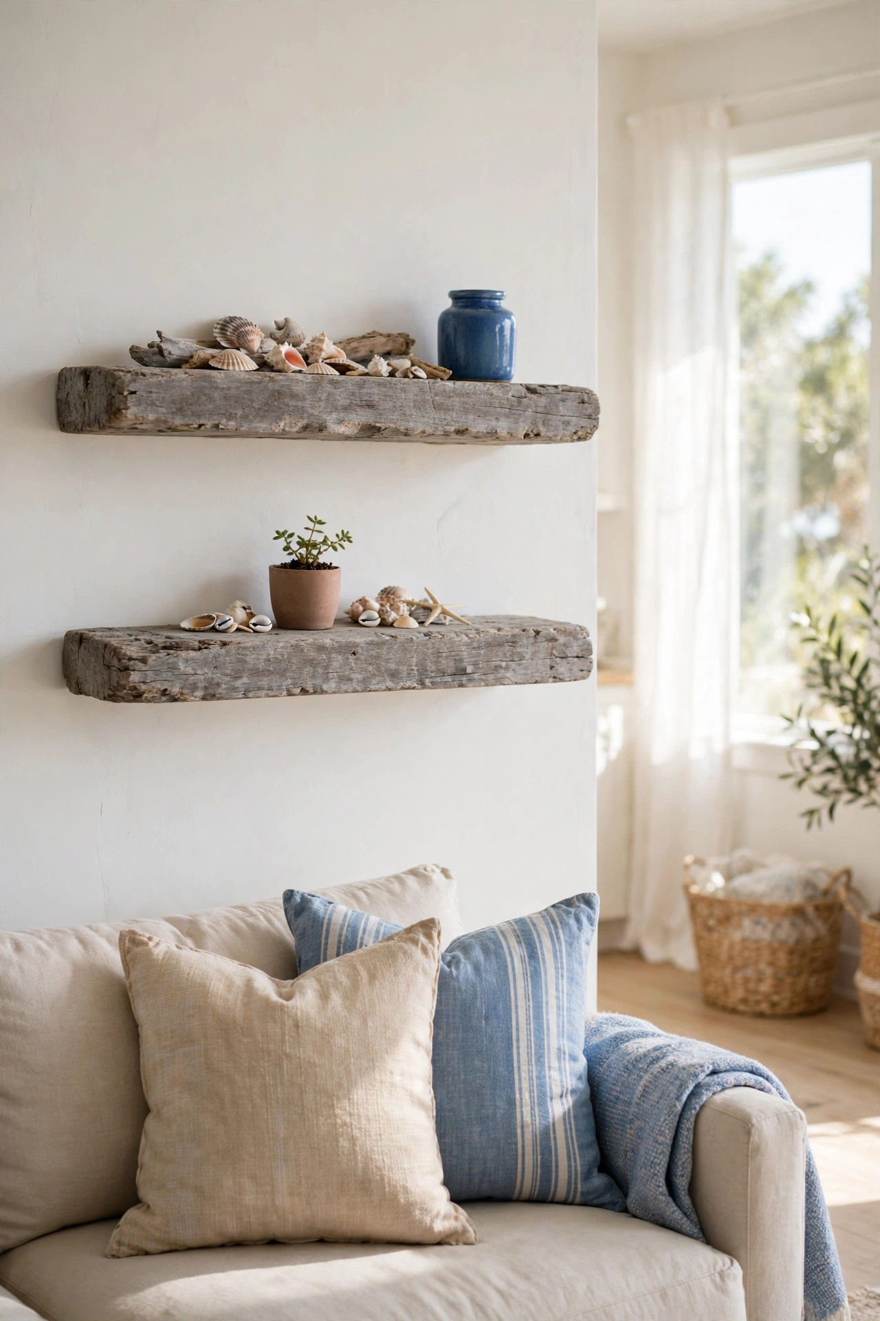 Weathered wood floating shelves styled with coastal decor above a sofa