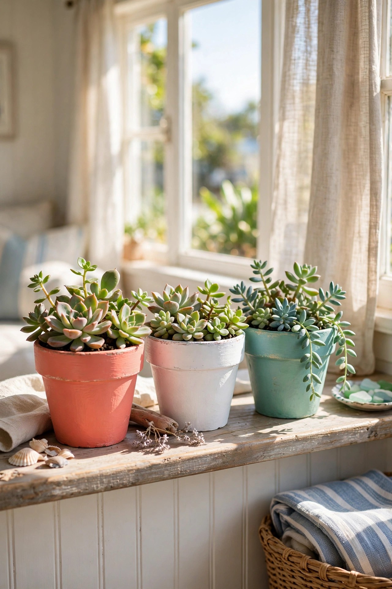 Terracotta pots painted coral and aqua as coastal planters on a windowsill