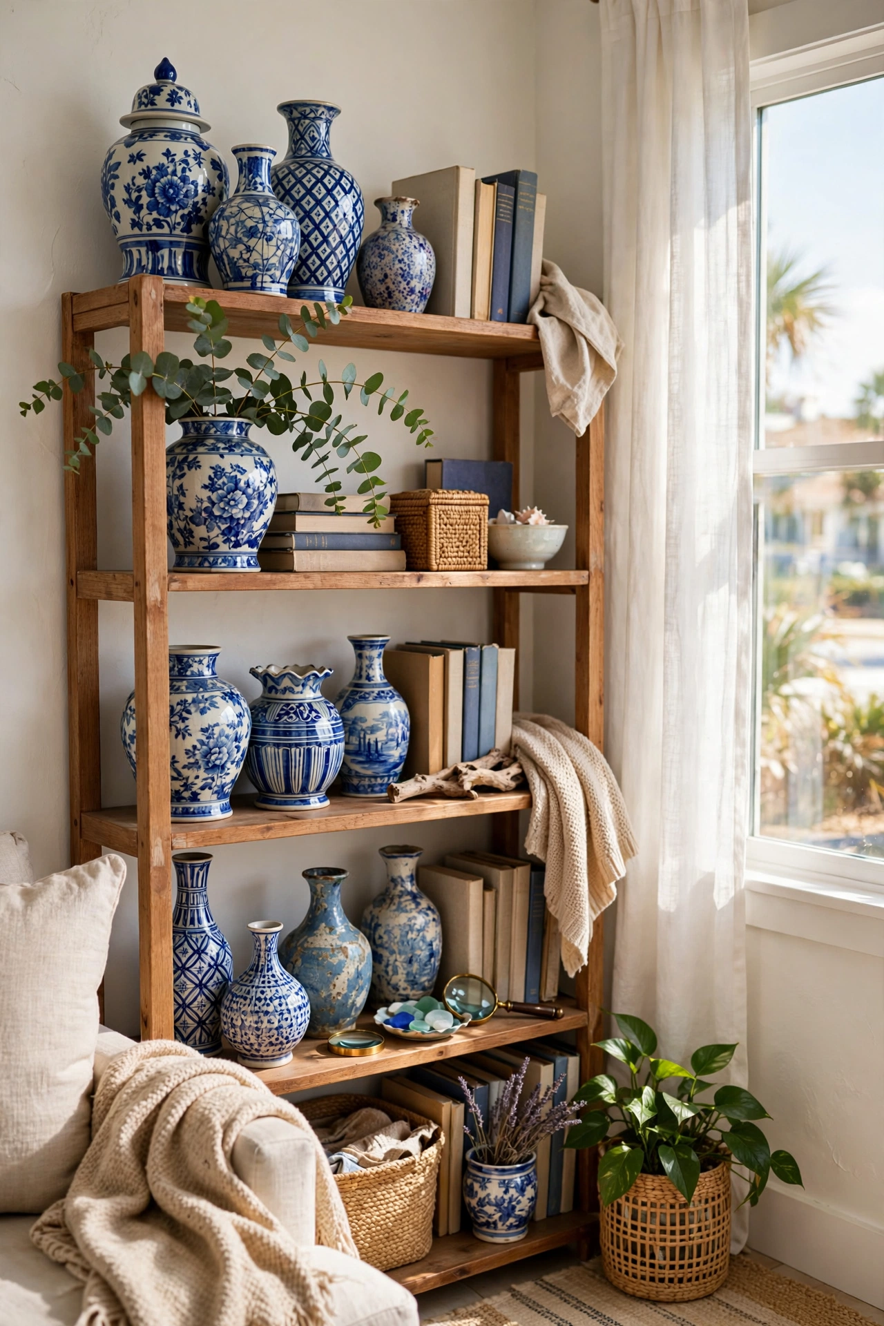 Collection of thrifted blue and white vases on a bookshelf in a coastal living room