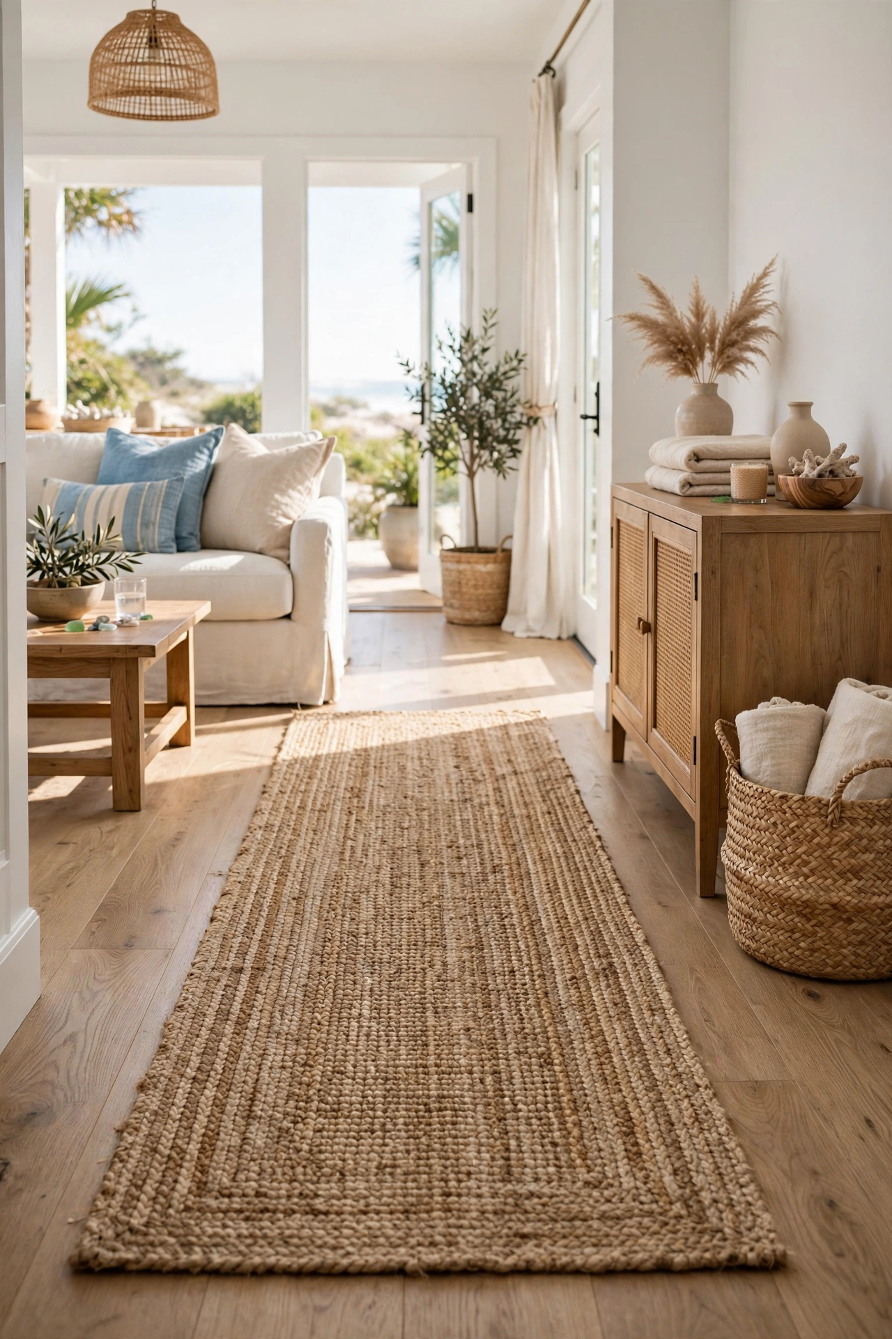 Natural jute runner rug in a coastal living room entryway