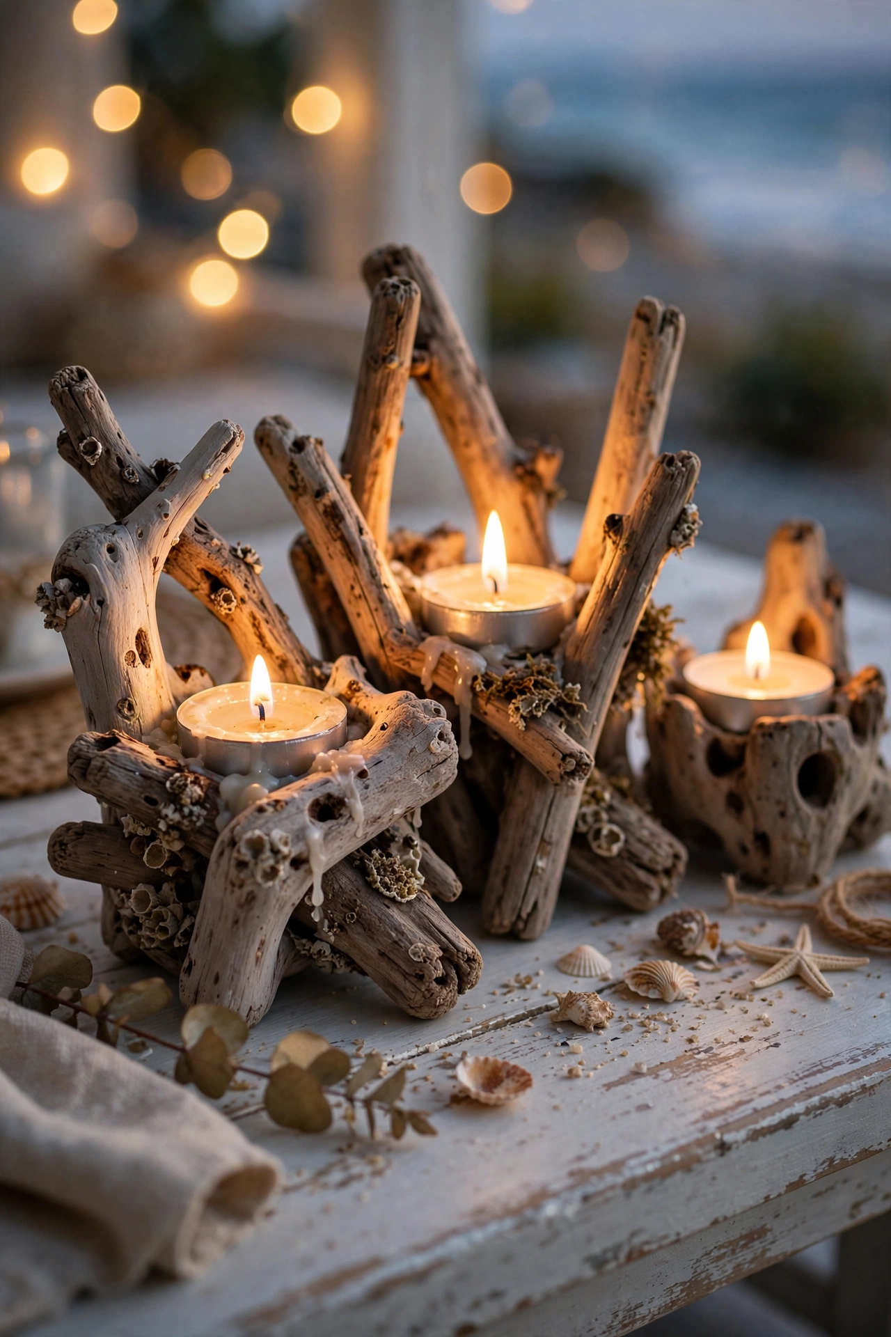DIY driftwood tea light candle holders on a coastal coffee table