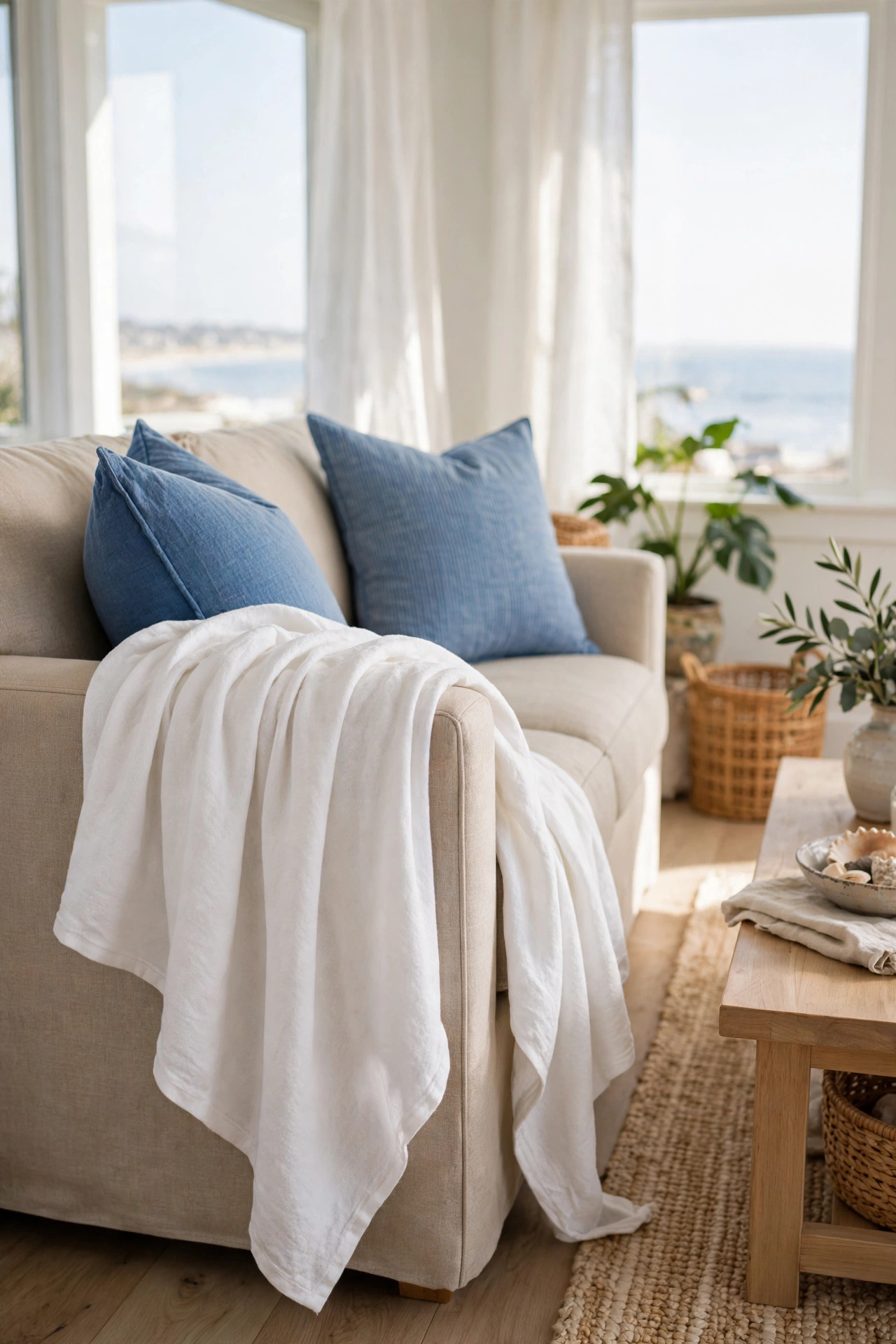 Lightweight white cotton throw blanket draped on a sofa in a coastal living room