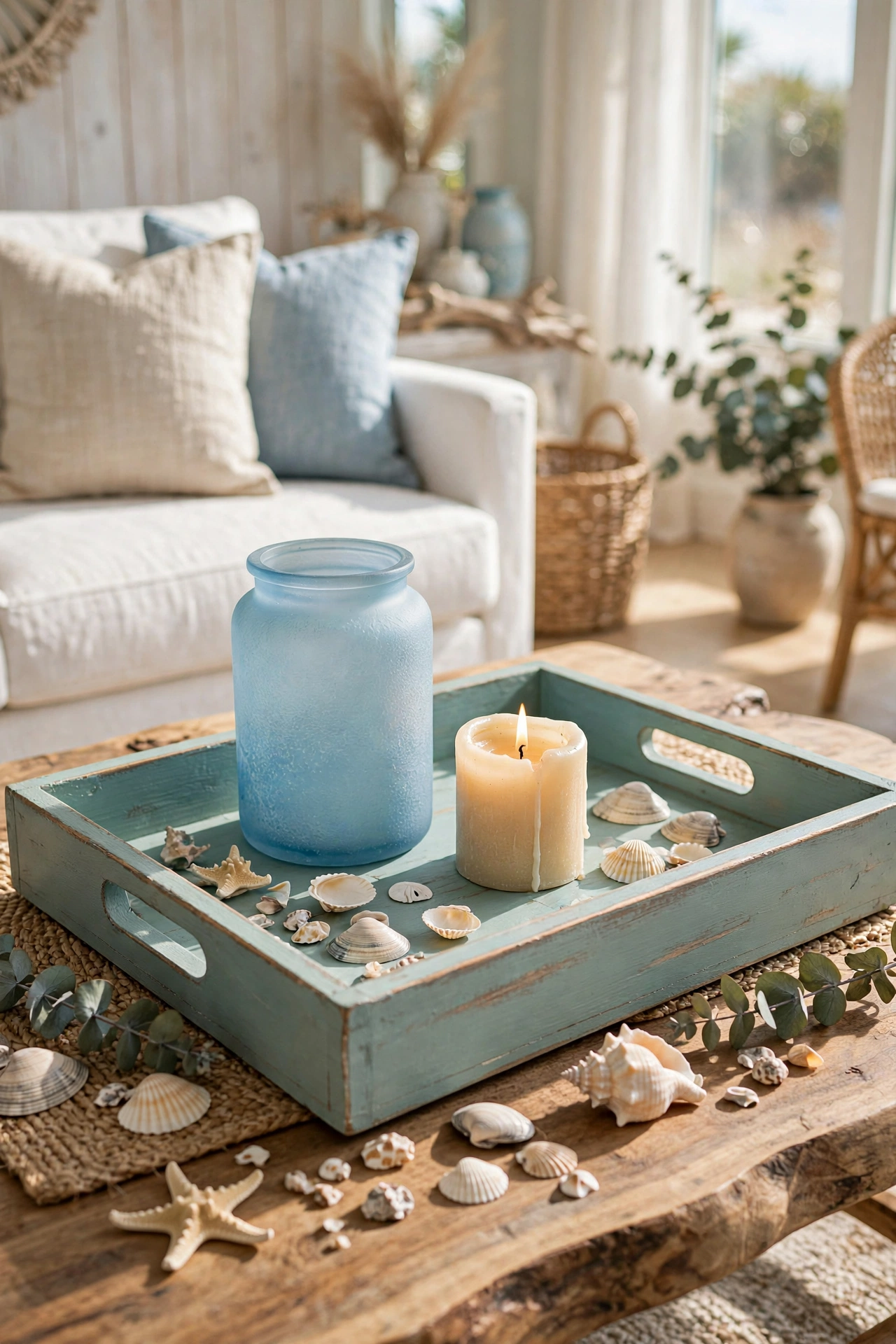 Painted wooden tray styled with coastal decor on a living room coffee table