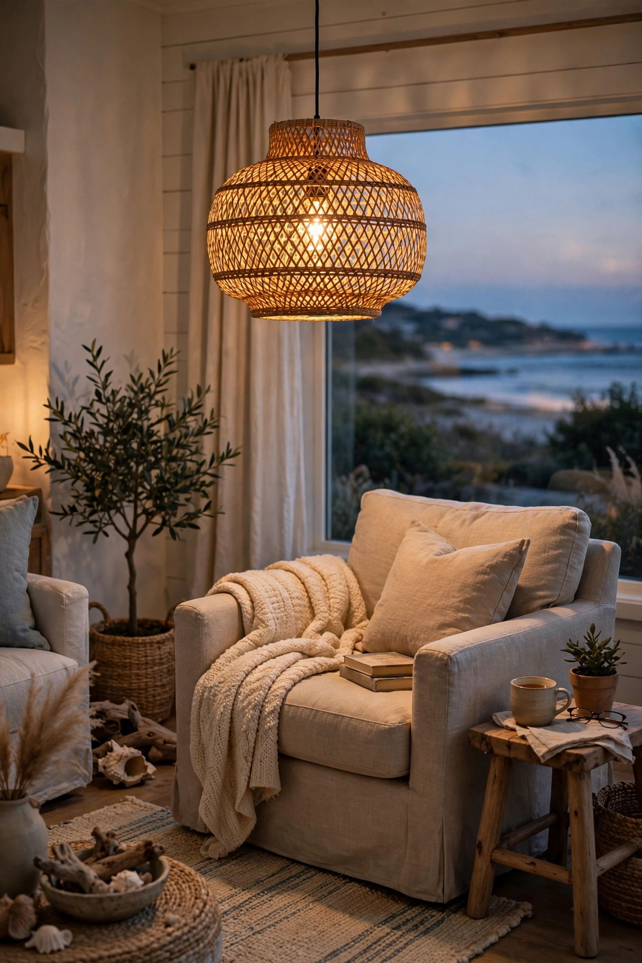 Woven rattan pendant lantern light in a budget coastal living room corner