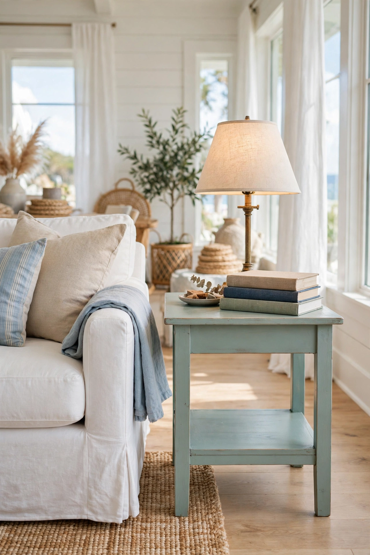 Side table painted seafoam green in a budget coastal living room