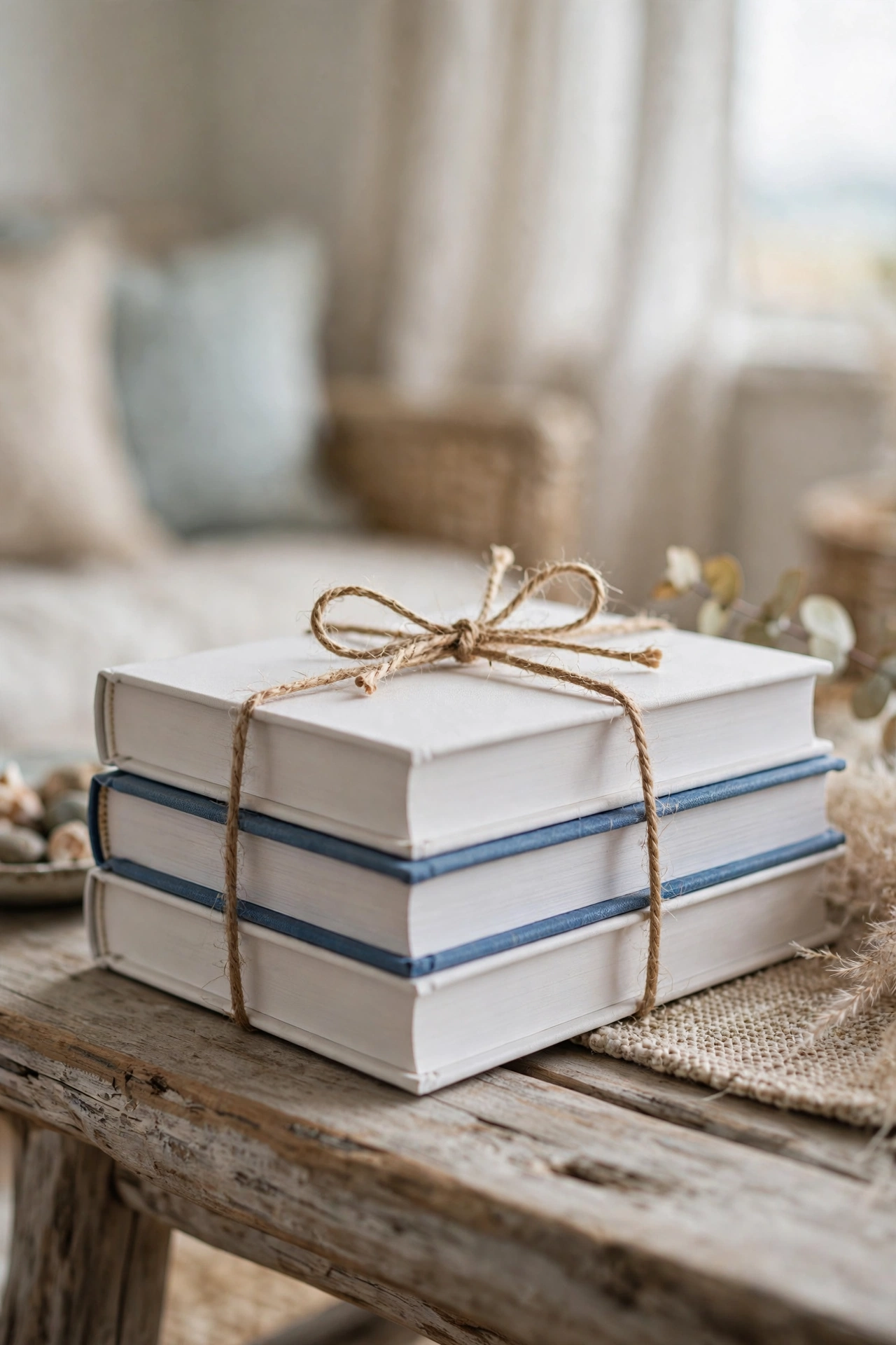 Stack of hardcover books tied with natural twine as coastal shelf decor