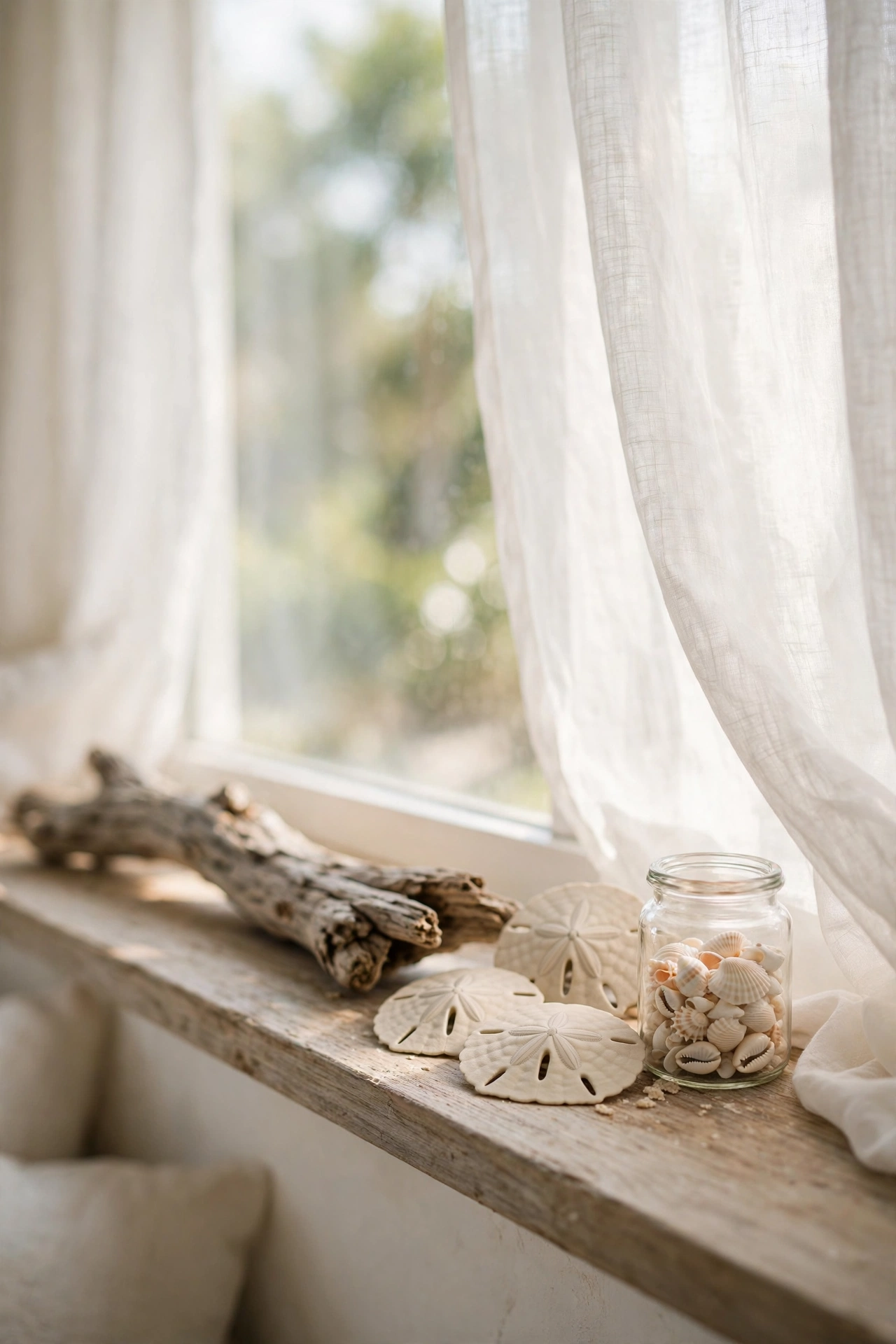Beach finds like driftwood and sand dollars styled on a living room windowsill