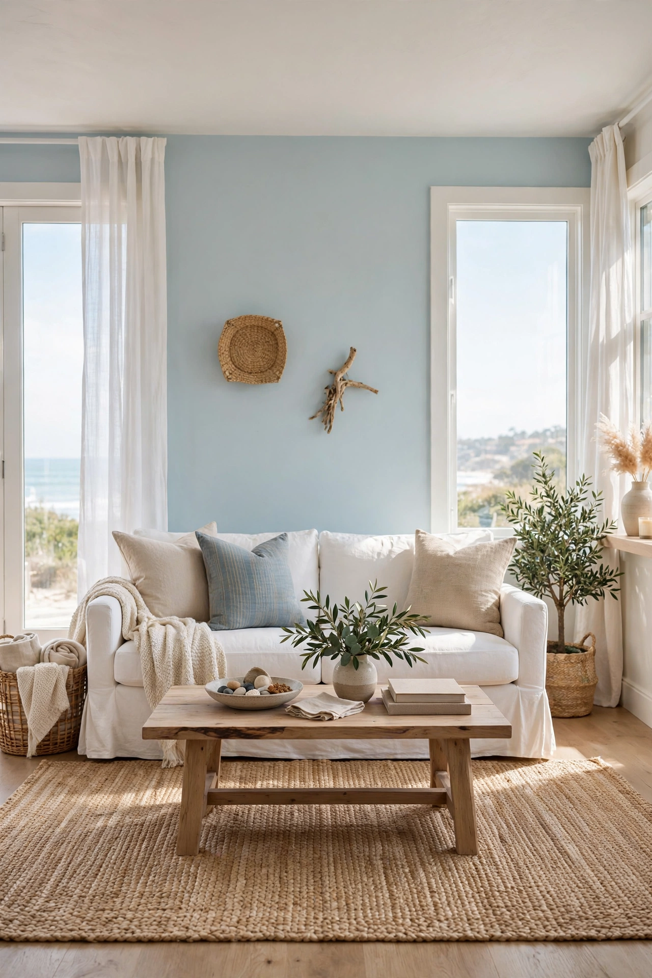 Pale sea-mist blue accent wall behind a sofa in a coastal living room