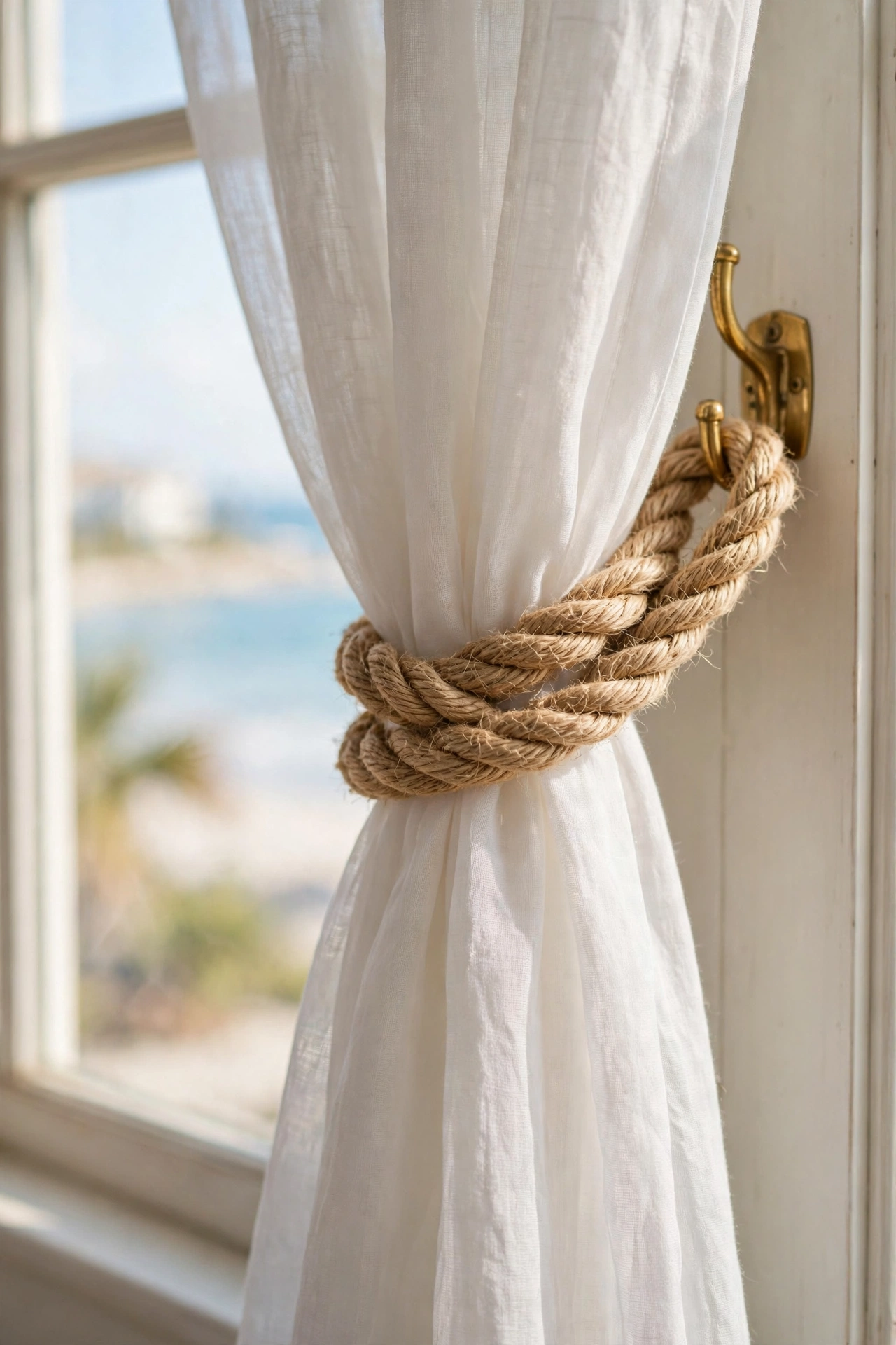 Natural rope curtain tie-backs holding sheer white curtains in a coastal living room