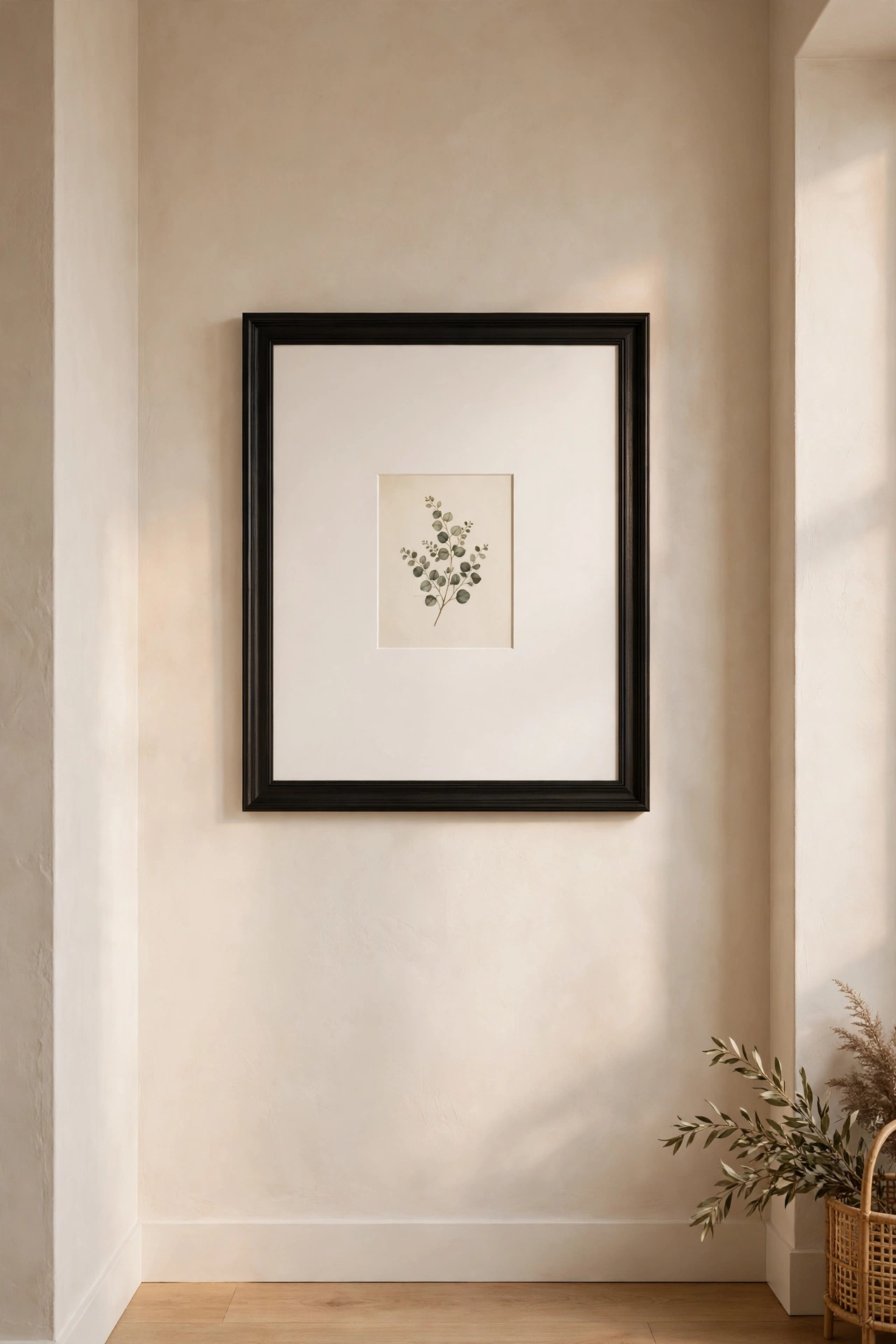 small art print with wide white mat in large black frame