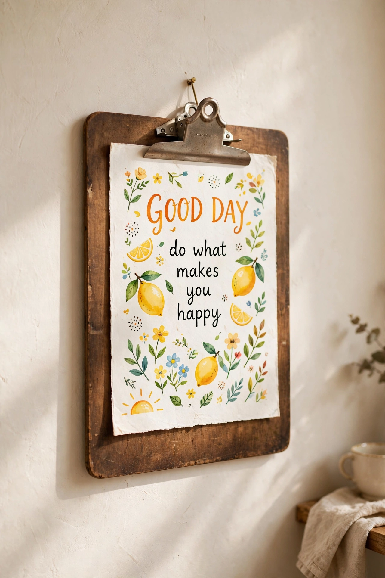 wooden clipboard holding art print hung on kitchen wall