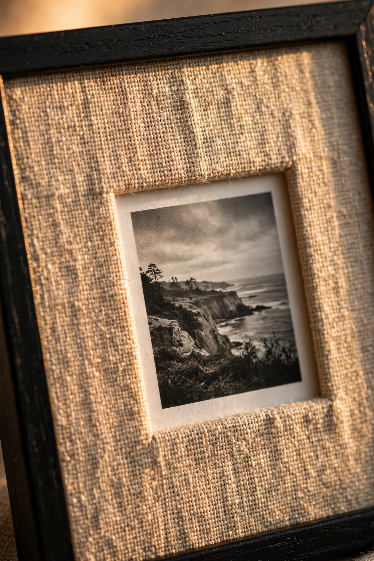 picture mat wrapped in natural linen fabric in frame