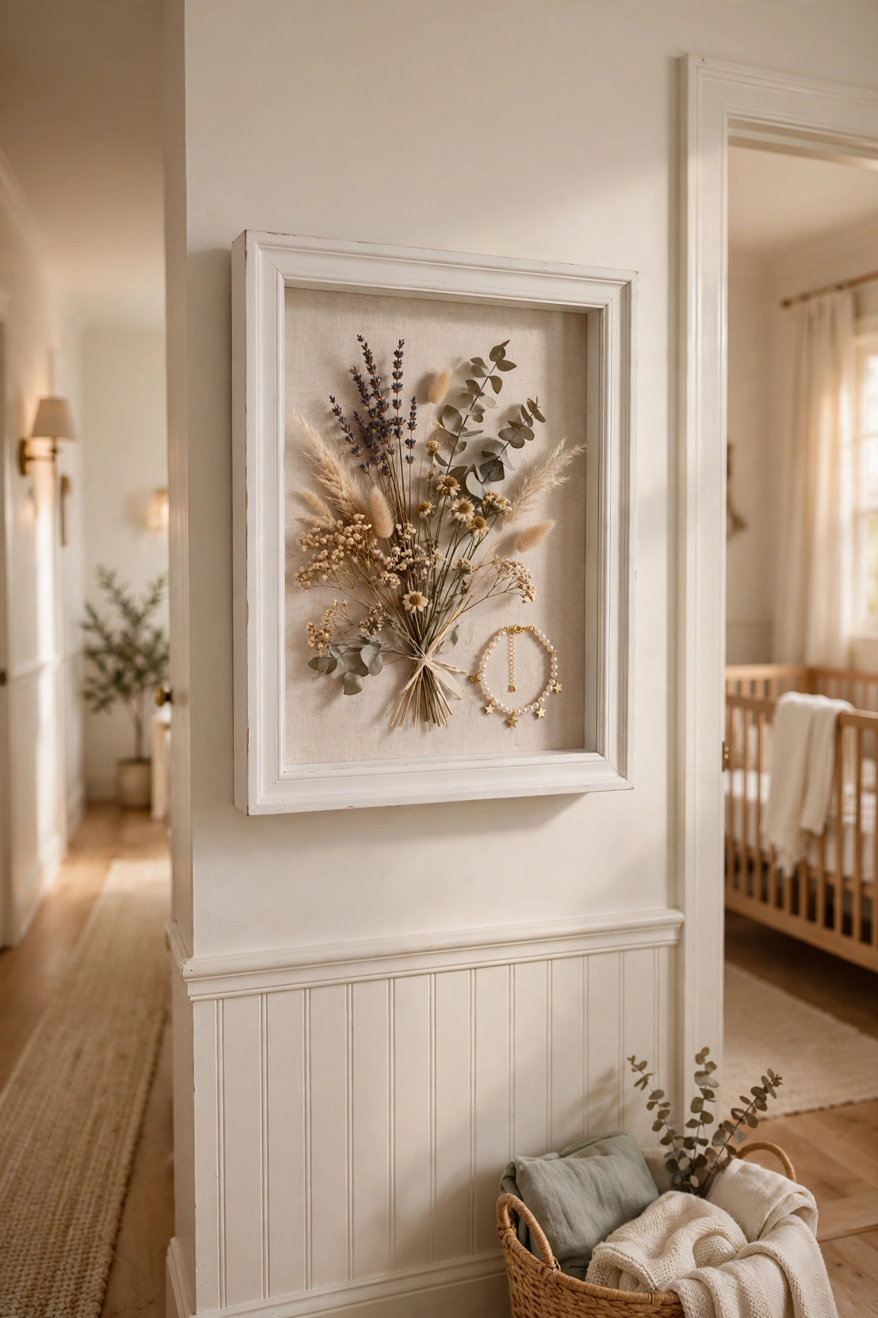 deep shadow box frame displaying christening keepsakes