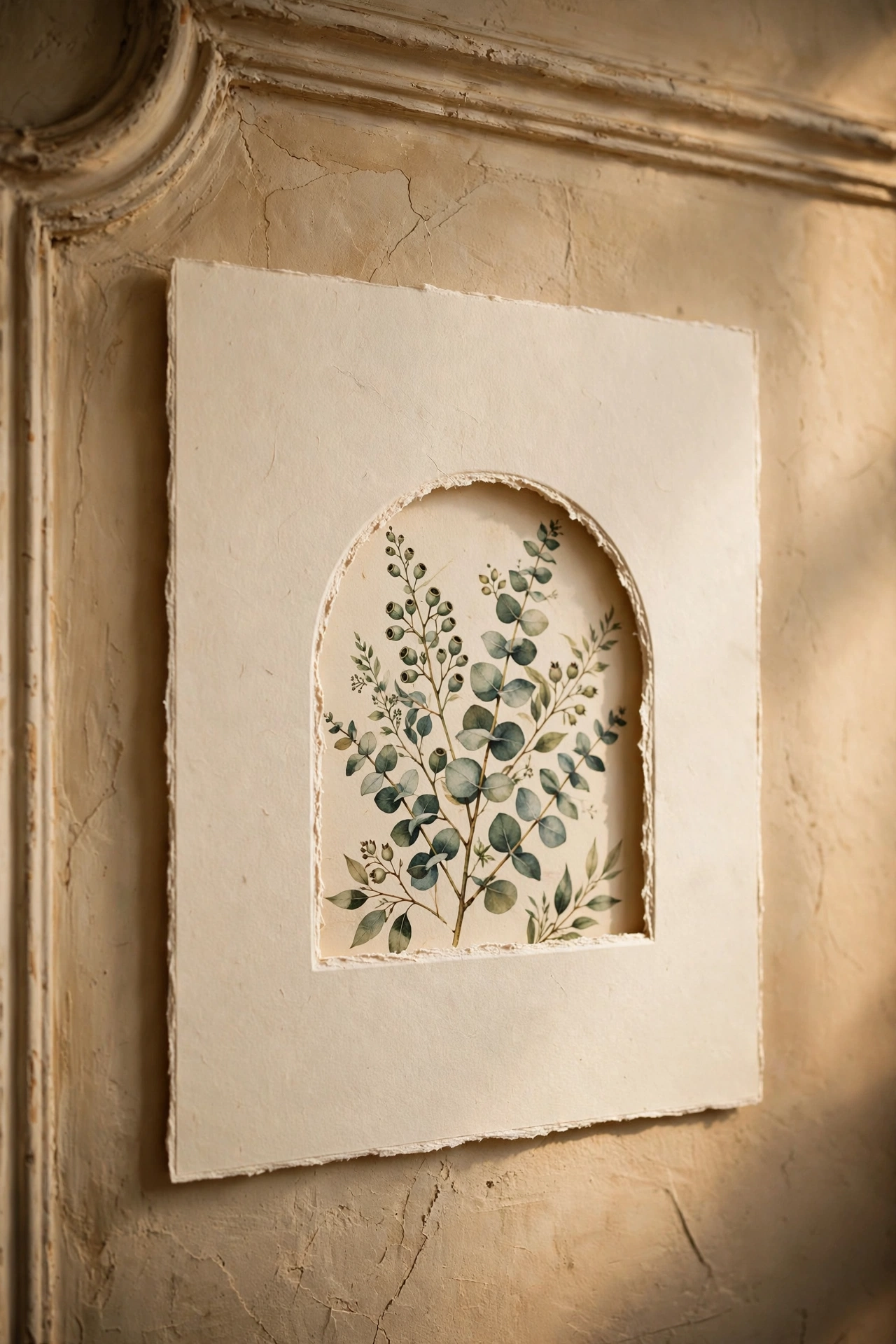 arched mat opening framing a botanical print