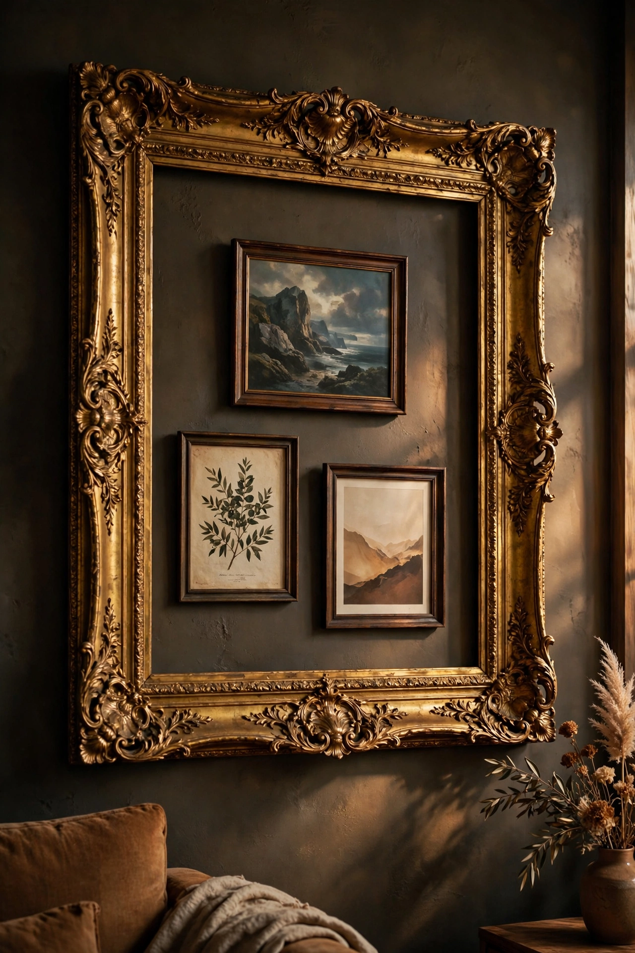 large empty gilt frame with smaller frames hung inside it