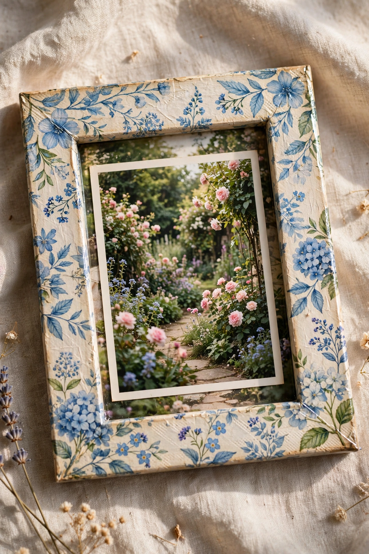 wooden frame decoupaged with floral napkin pattern